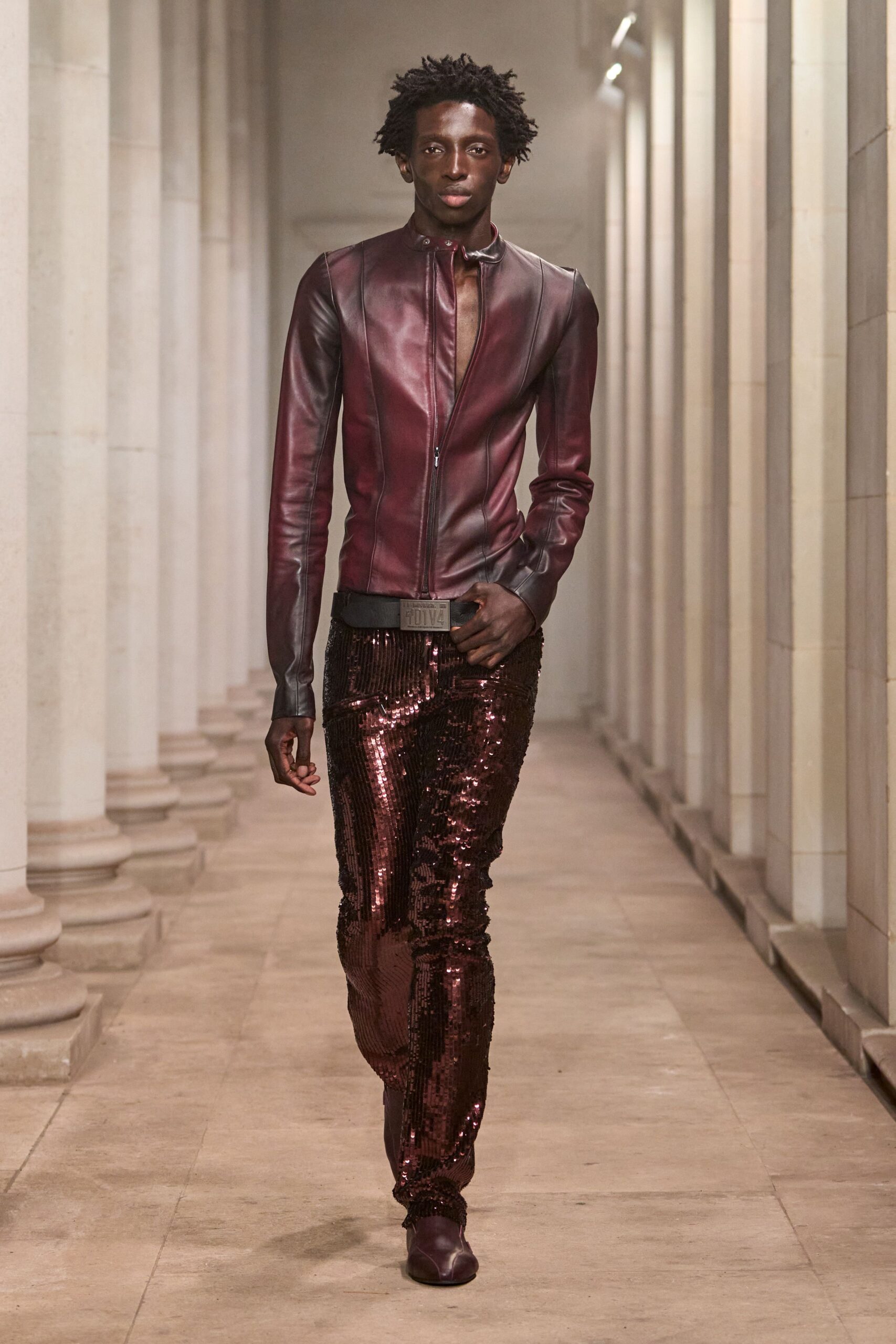 maroon leather zip-front jacket