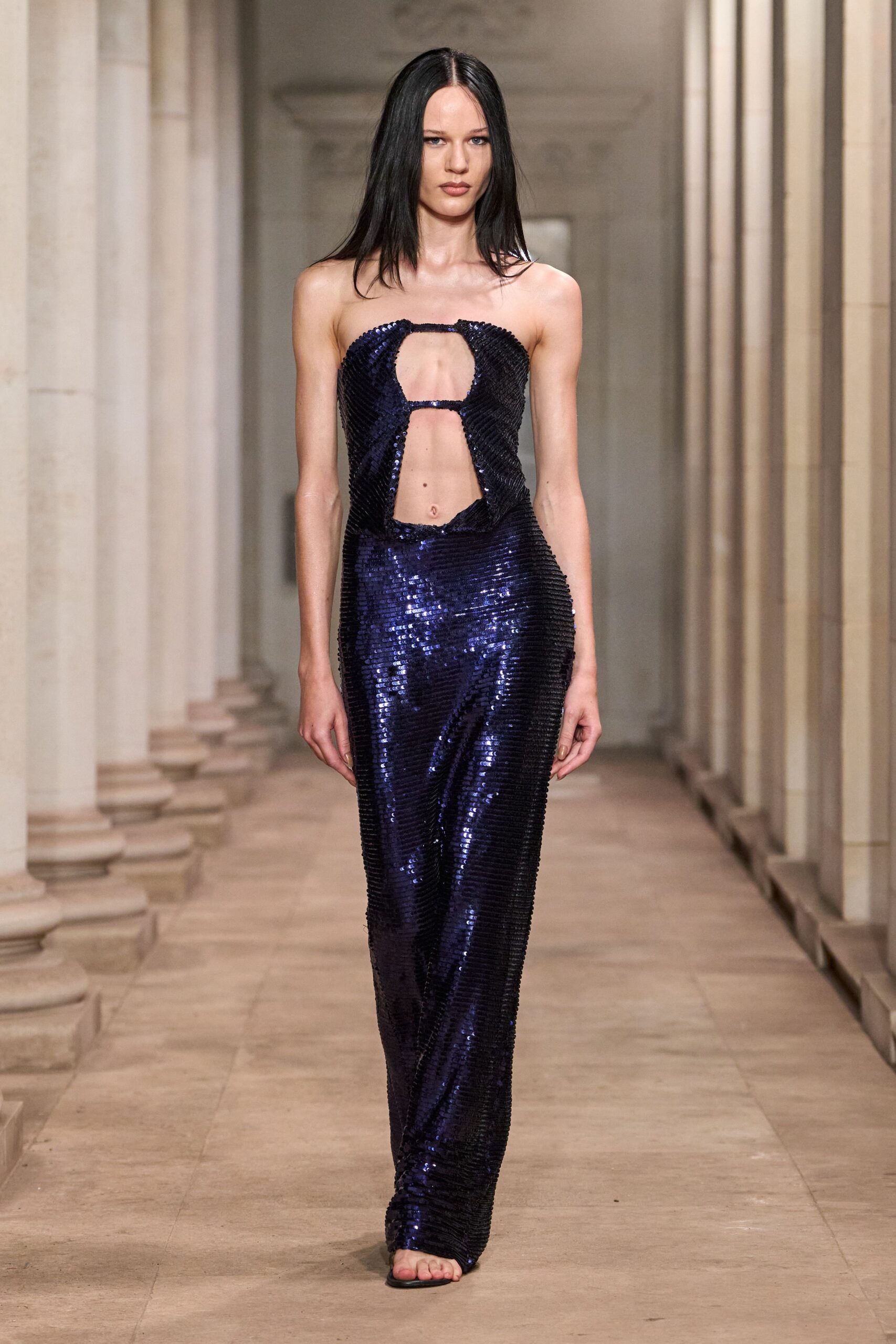 blue sequin strapless cutout fitted sequined shiny jumpsuit