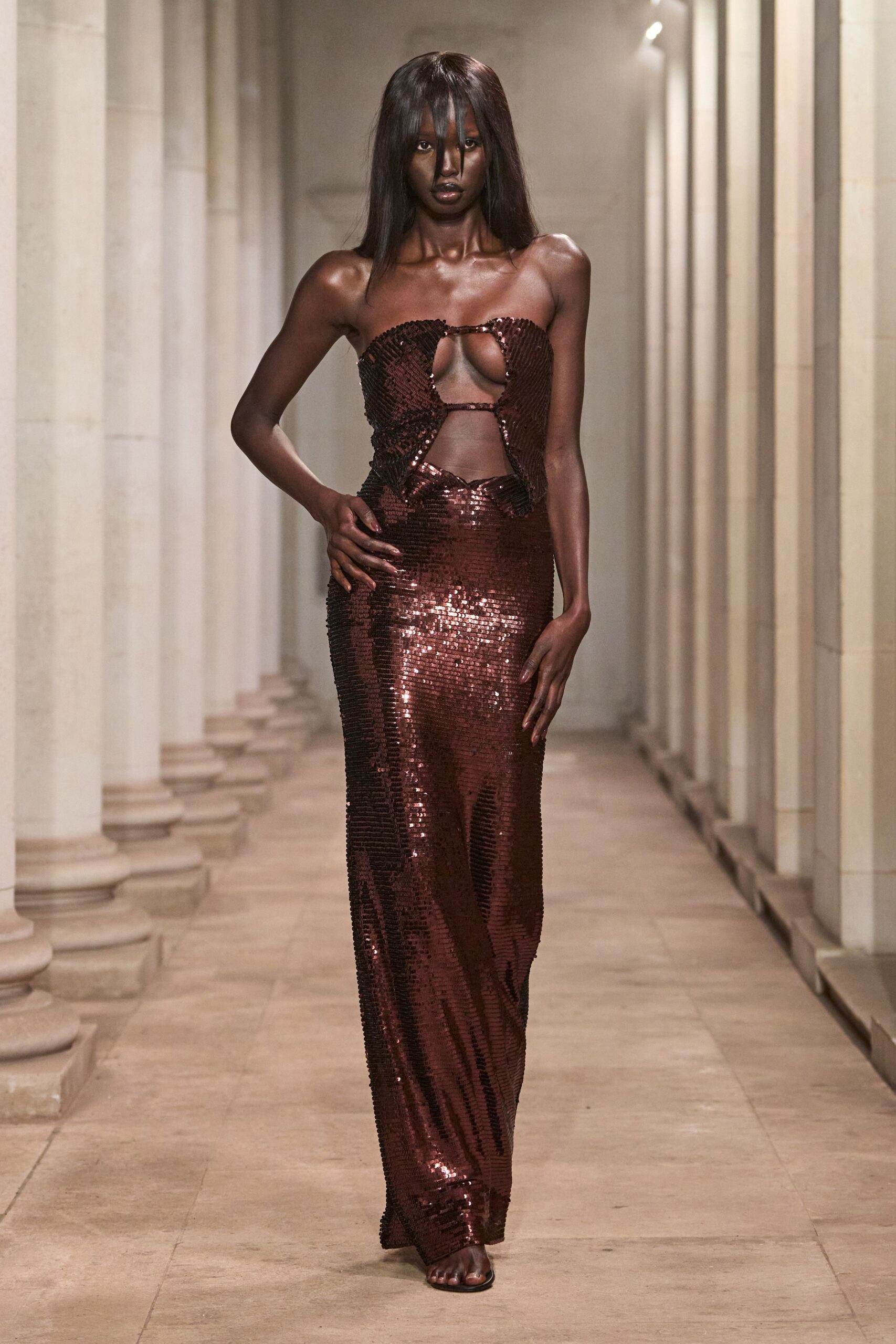 cutout sequined strapless evening gown
