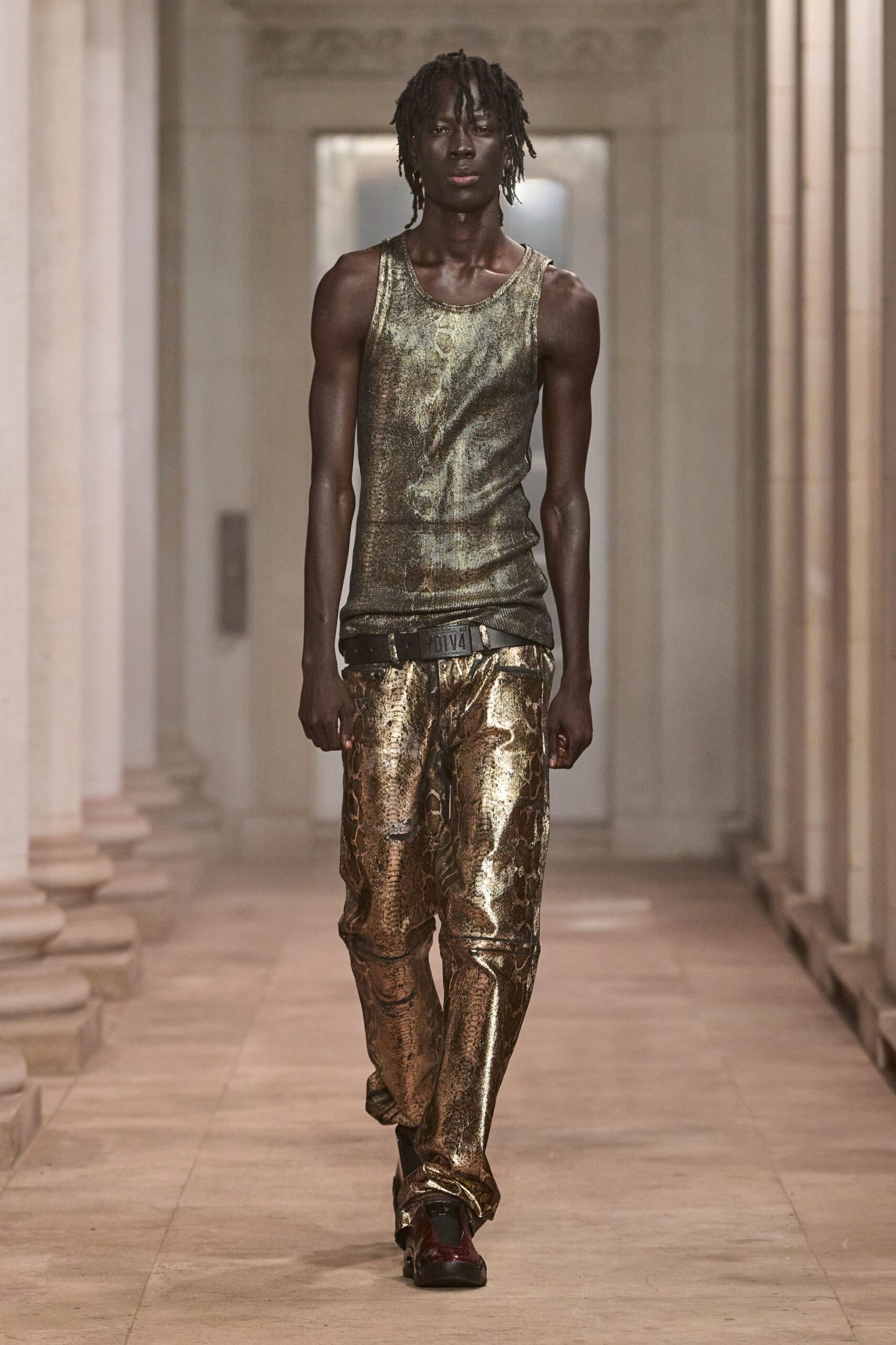metallic python trousers