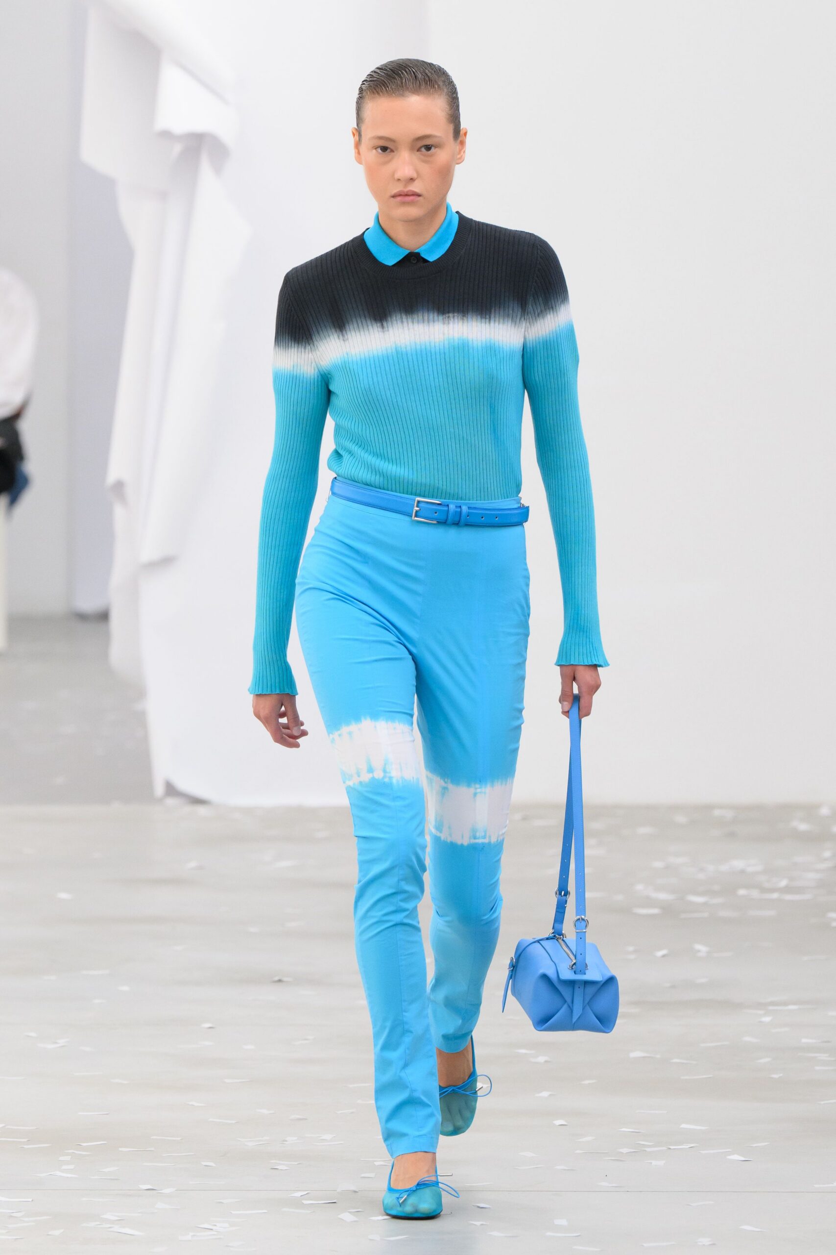 blue unknown slim printed belted pants