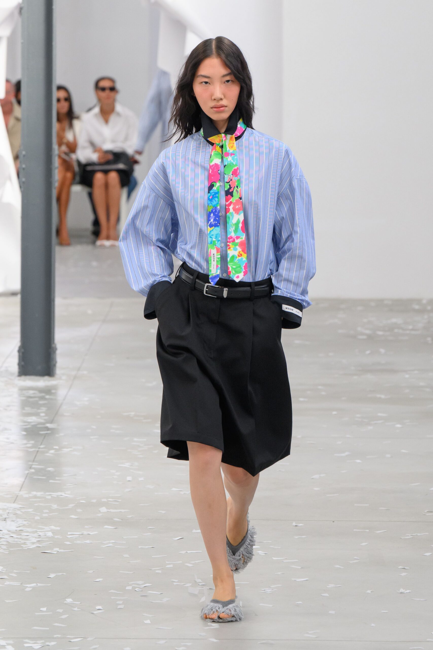 oversized striped shirt with floral tie