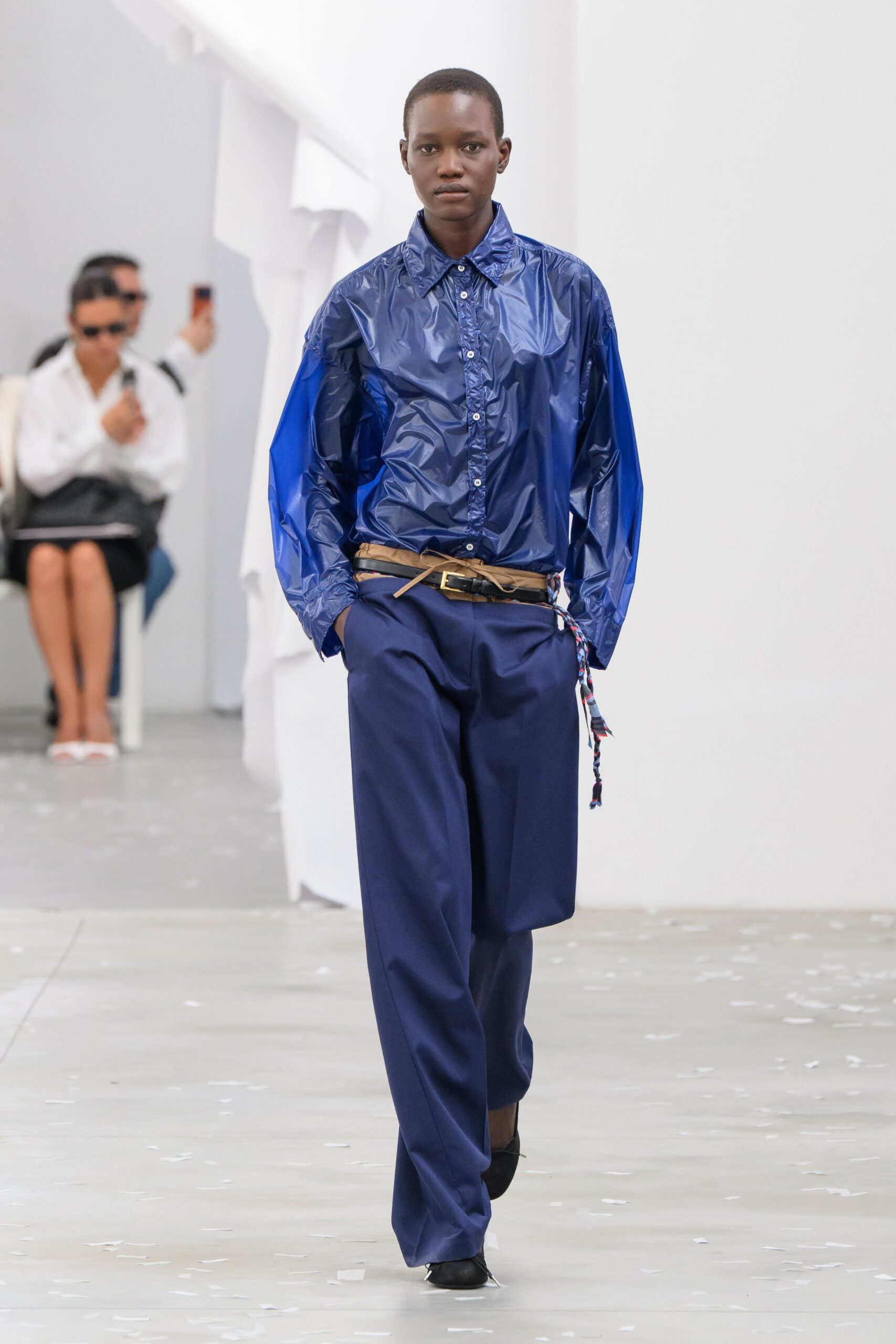 blue wool tailored wide-leg pants