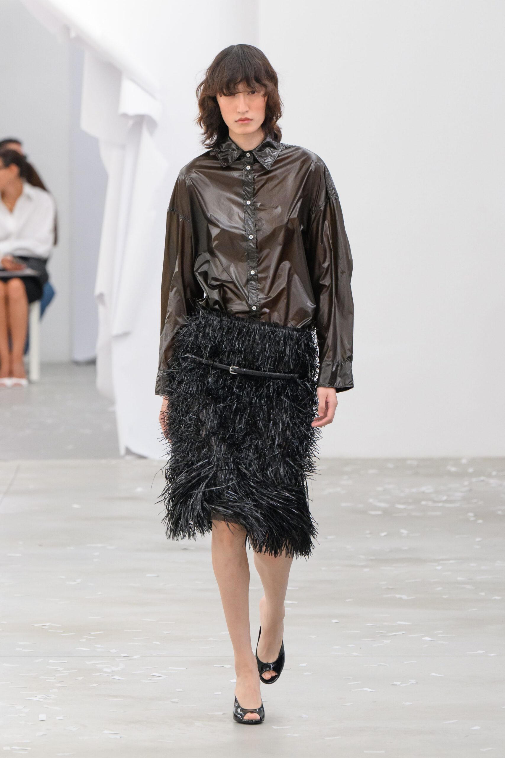 fringed black midi skirt