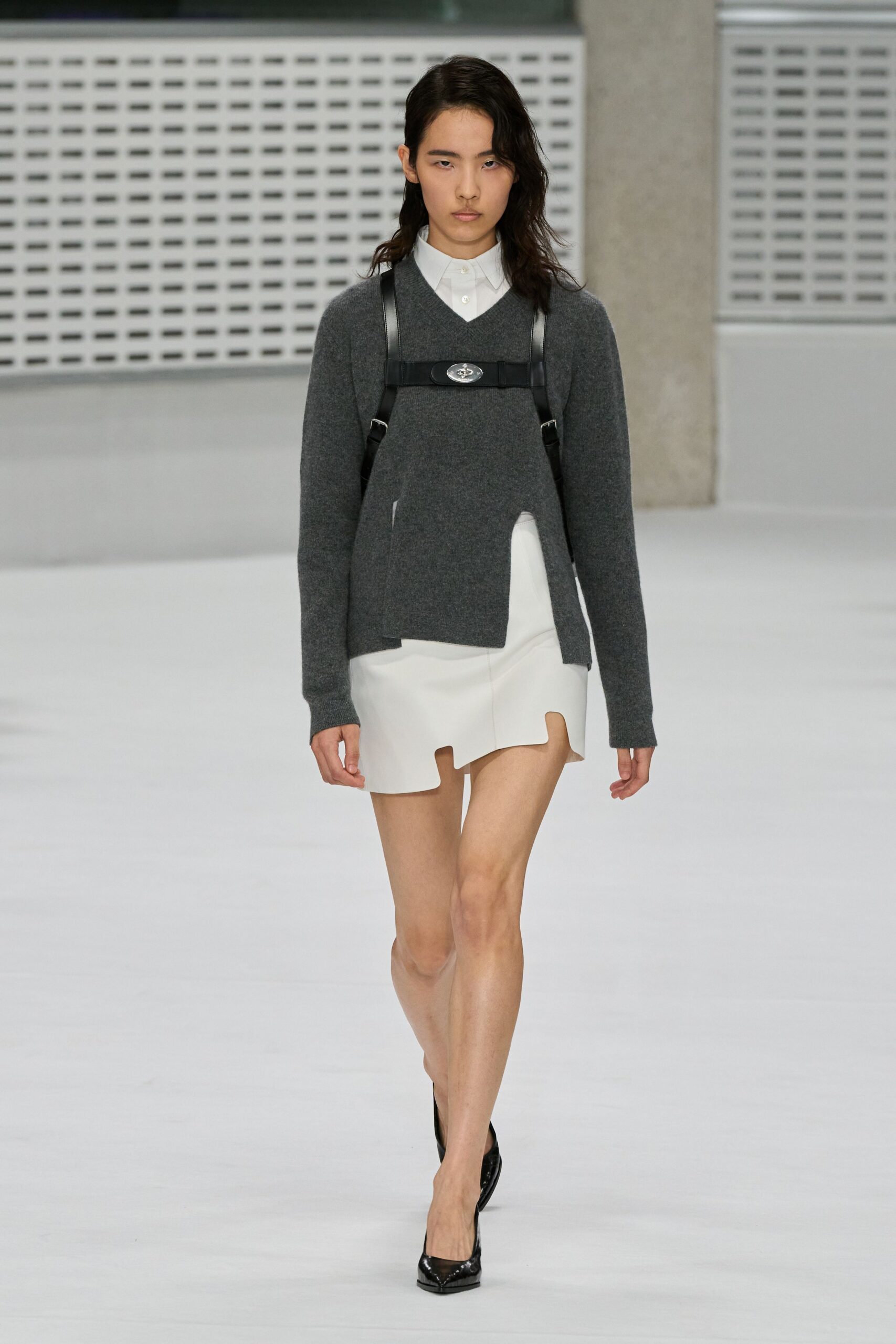 split-front gray v-neck sweater