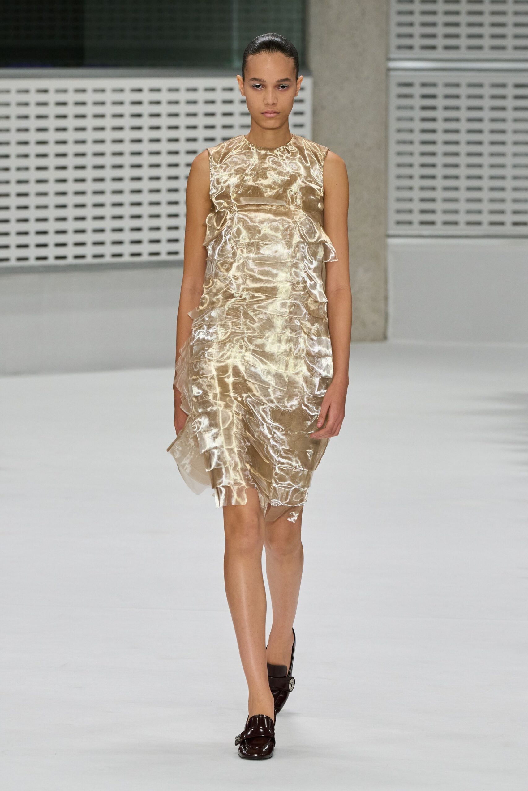 Sleeveless tea-length dress in champagne sheer laminate, rippling with tiered side flounces. Dark oxblood loafers with a silver bit across the vamp. Crossing a museum atrium before the rain lets up.