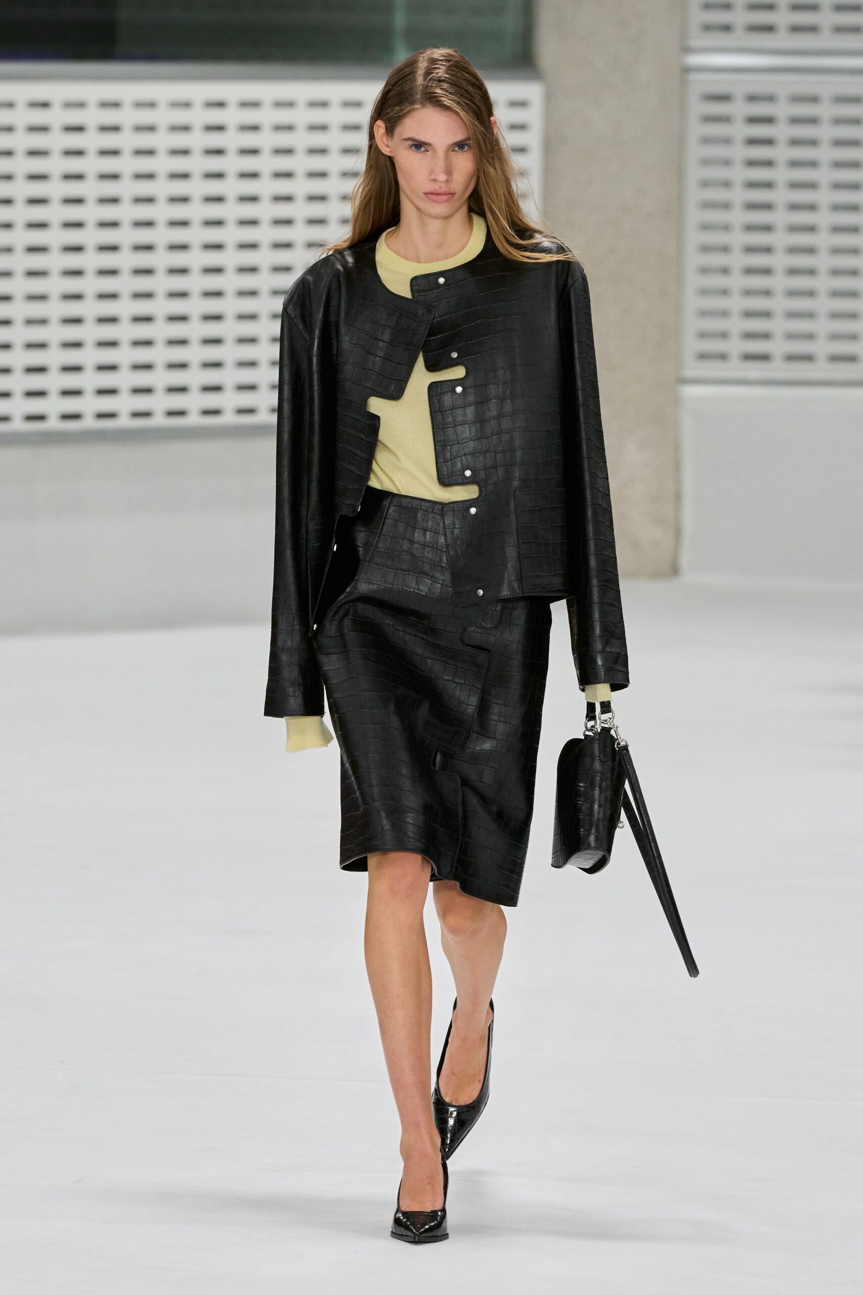 black leather asymmetric embossed textured midi skirt