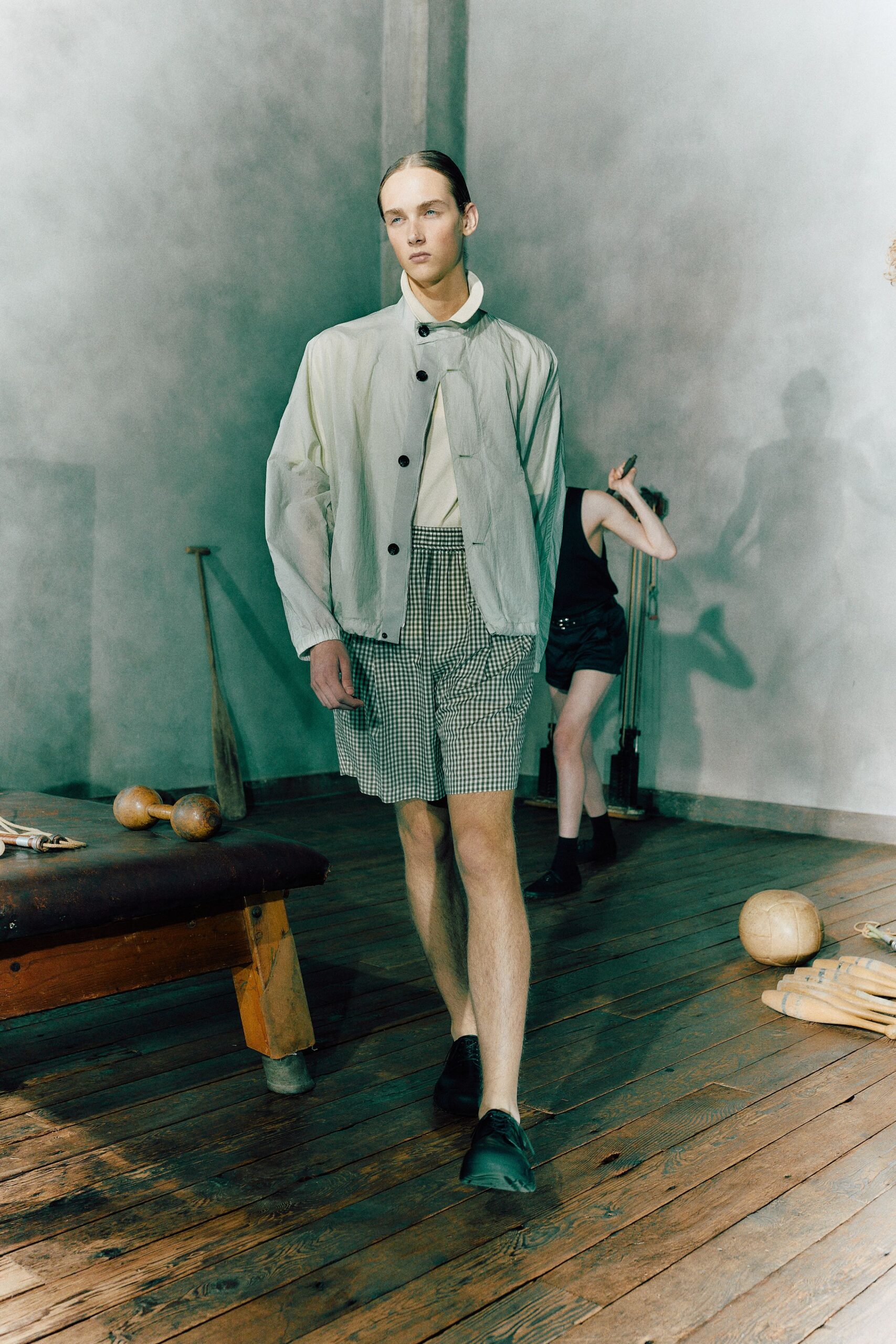 gingham shorts with blouson jacket