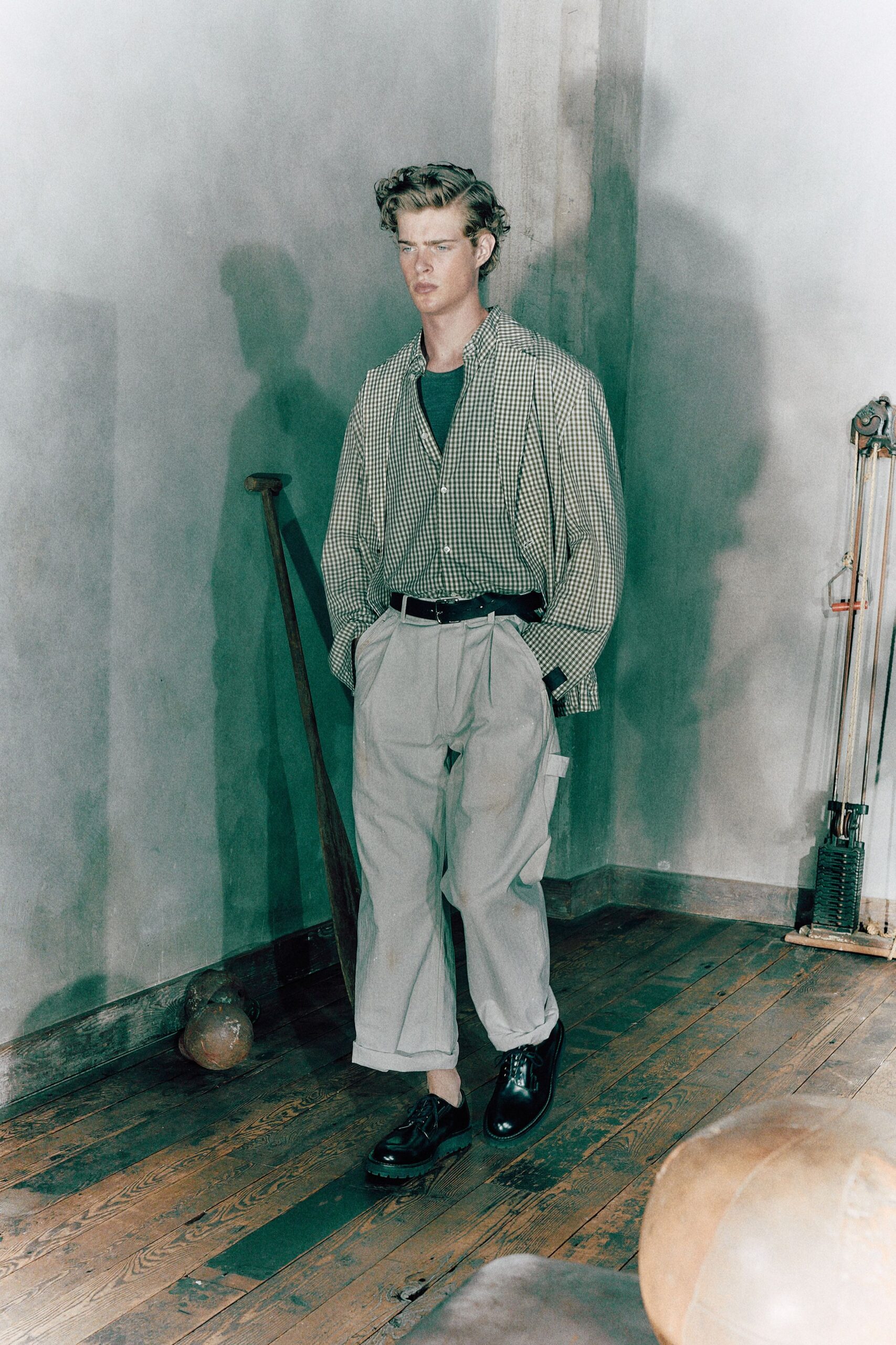 checked overshirt with pleated trousers