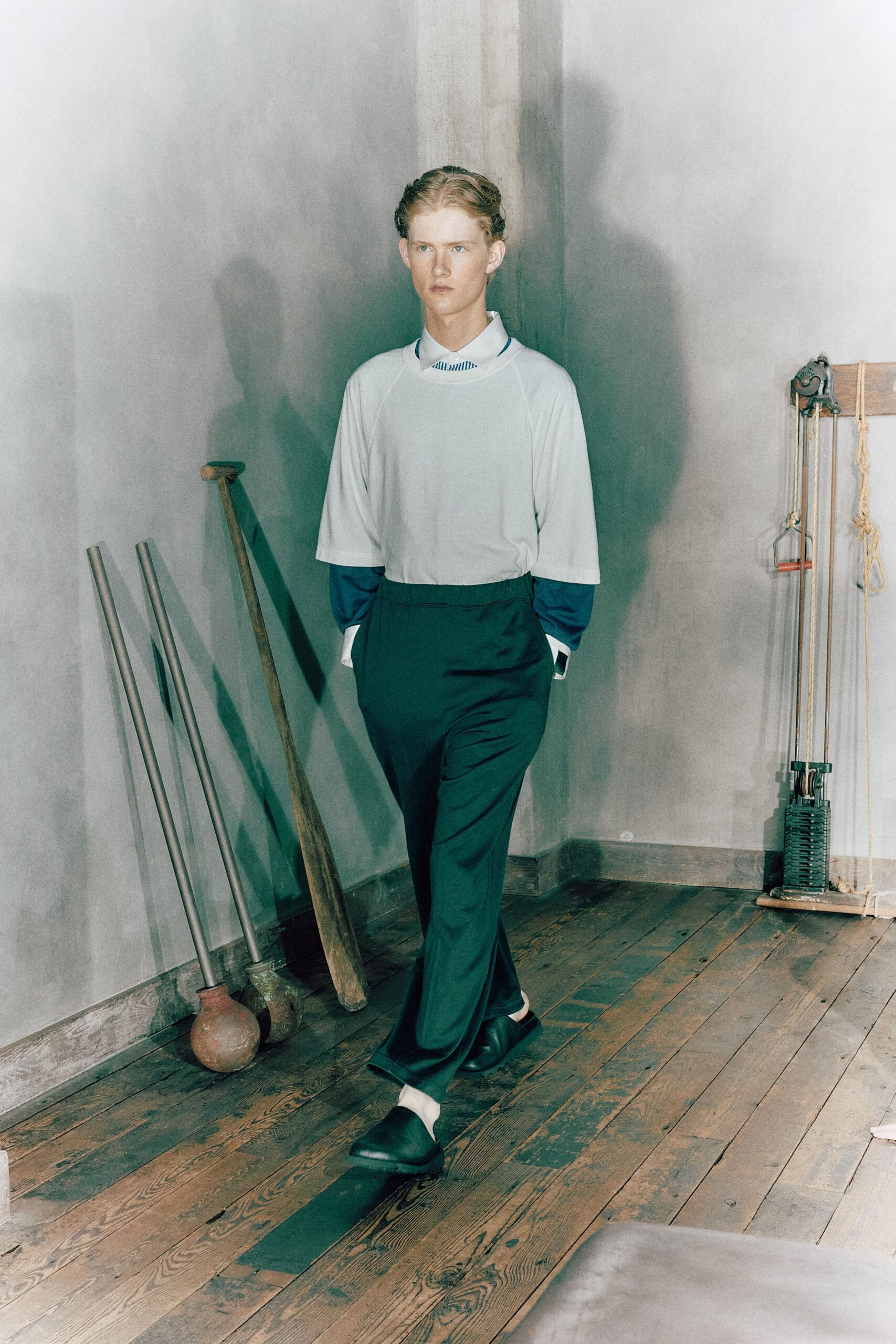 oversized white t-shirt over collared shirt