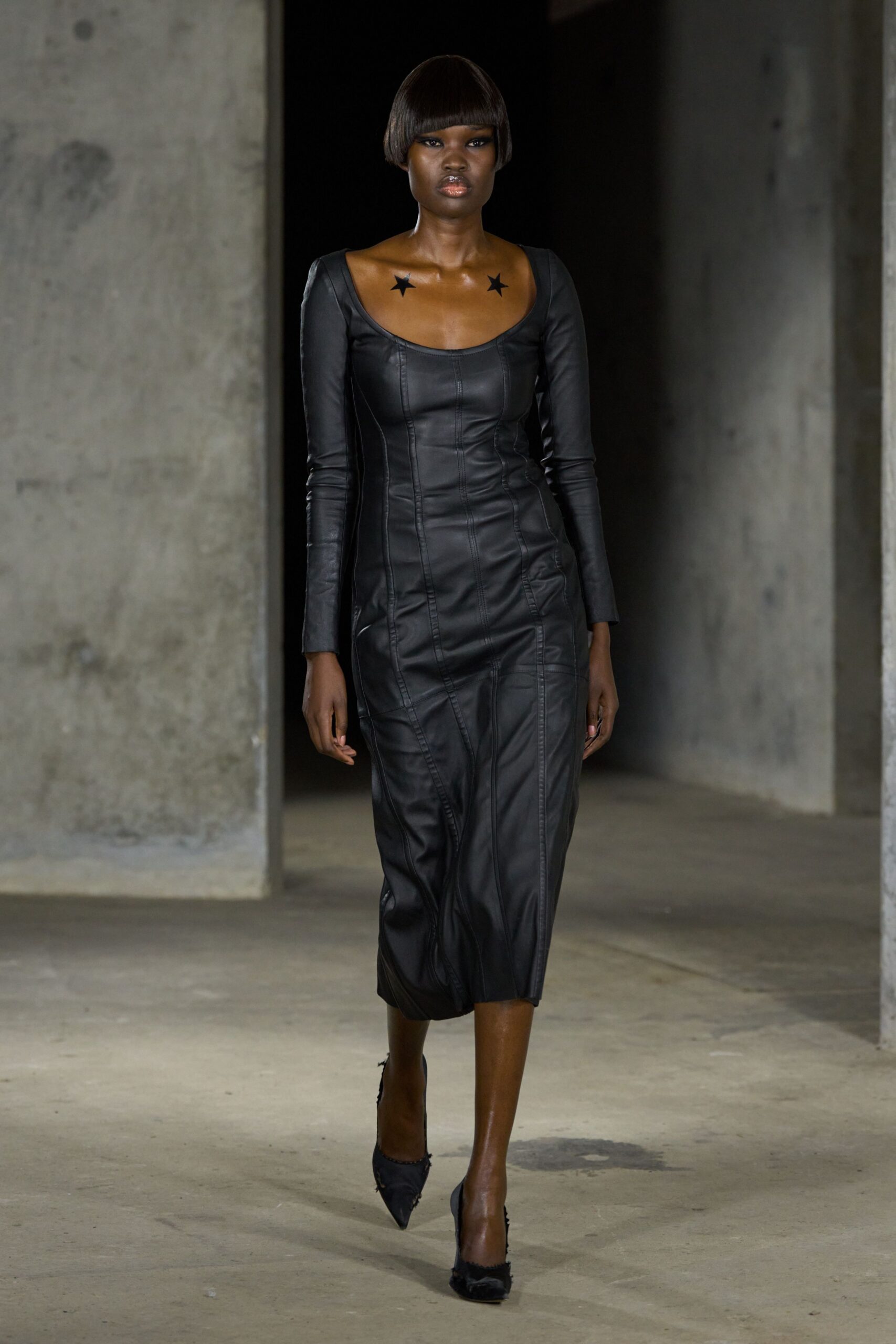 black leather scoop-neck midi dress