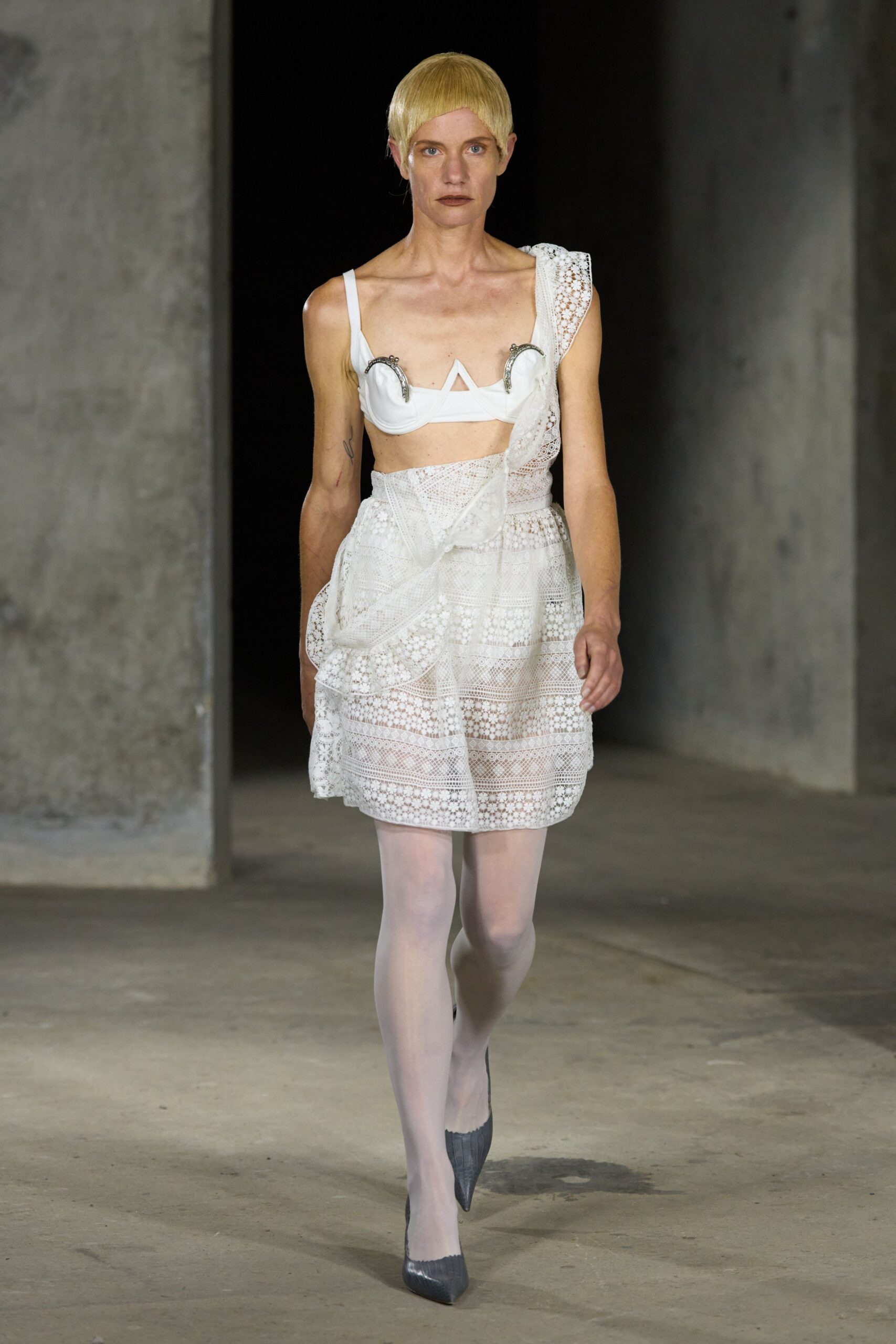 asymmetric white lace cutout dress