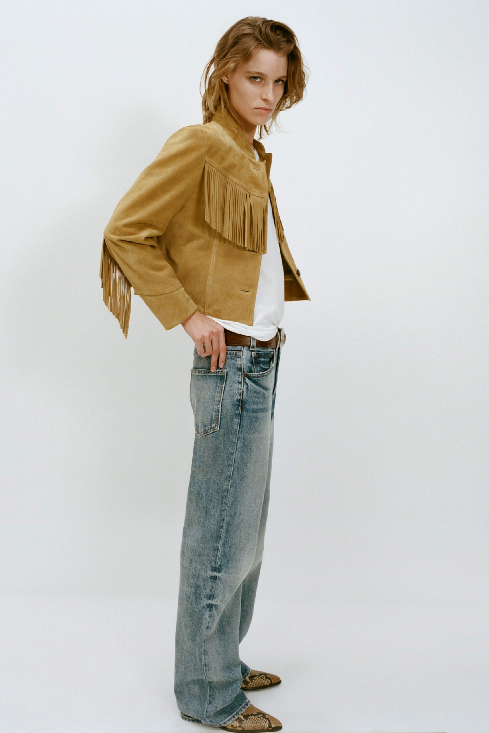 tan suede long-sleeve collared fringed textured cropped jacket
