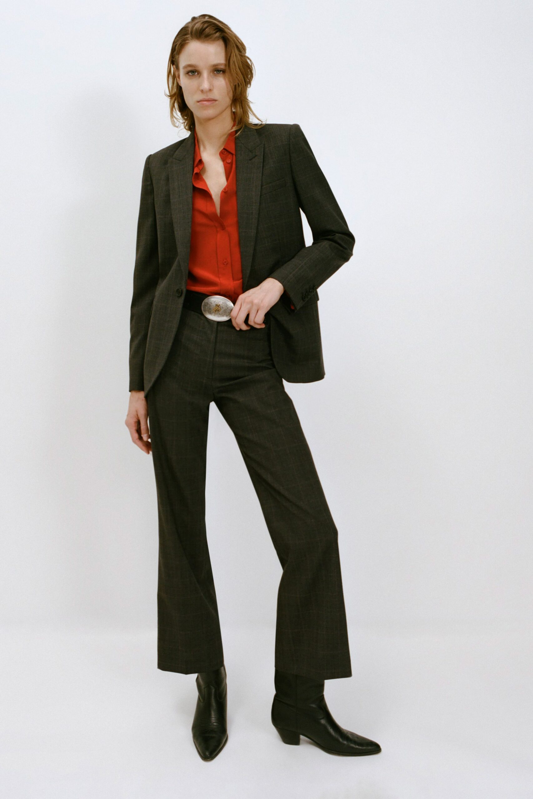 black wool tailored flared belted pants