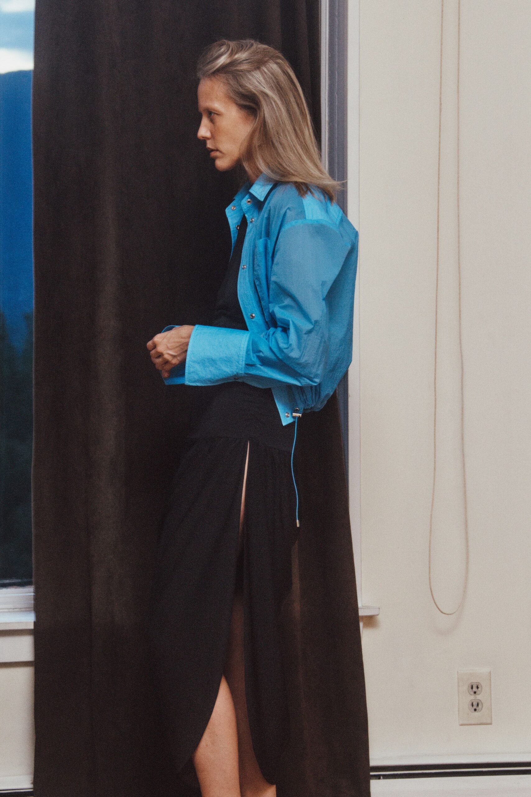 black unknown slit ruched maxi skirt