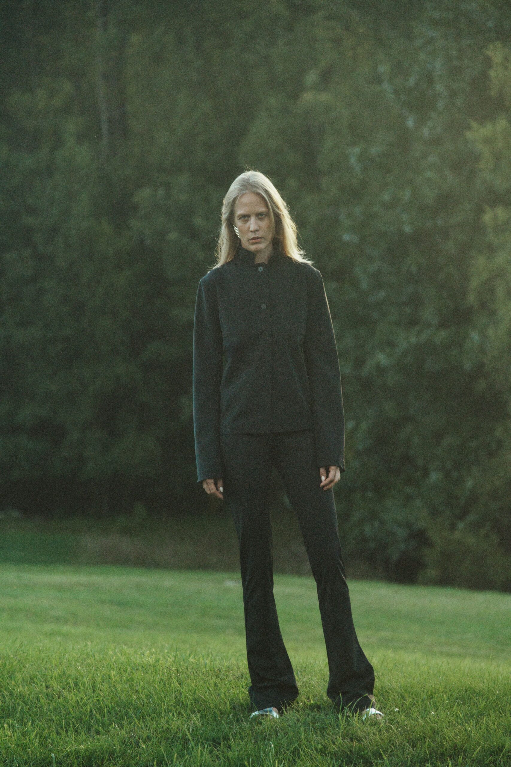black high-neck button-front jacket