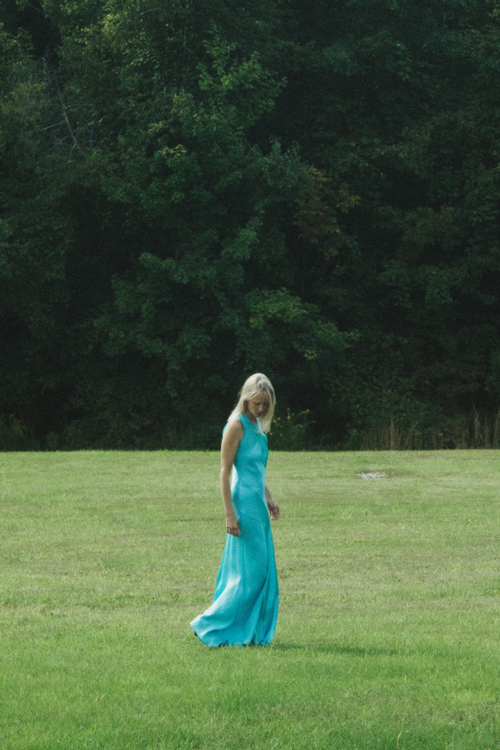 teal satin column gown