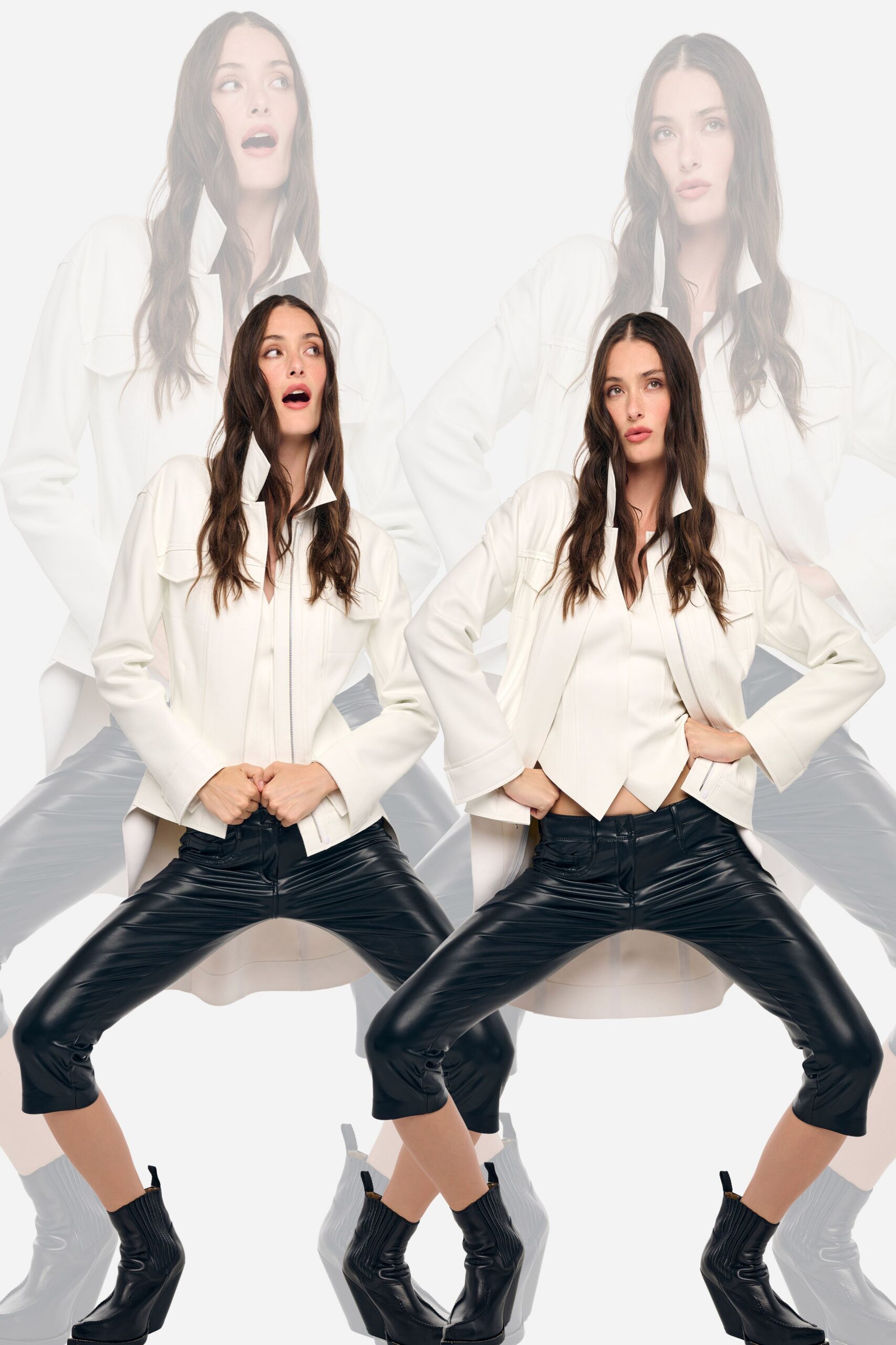 Cream zip-front jacket with a high split collar and flared cuffs. Matching cream V-neck top, seam lines shaping the torso. Black coated capris, stretched glossy across the thighs. Black ribbed-knit wedge boots with a narrow tan pull tab. For the first cold hour after a gallery opening lets out.