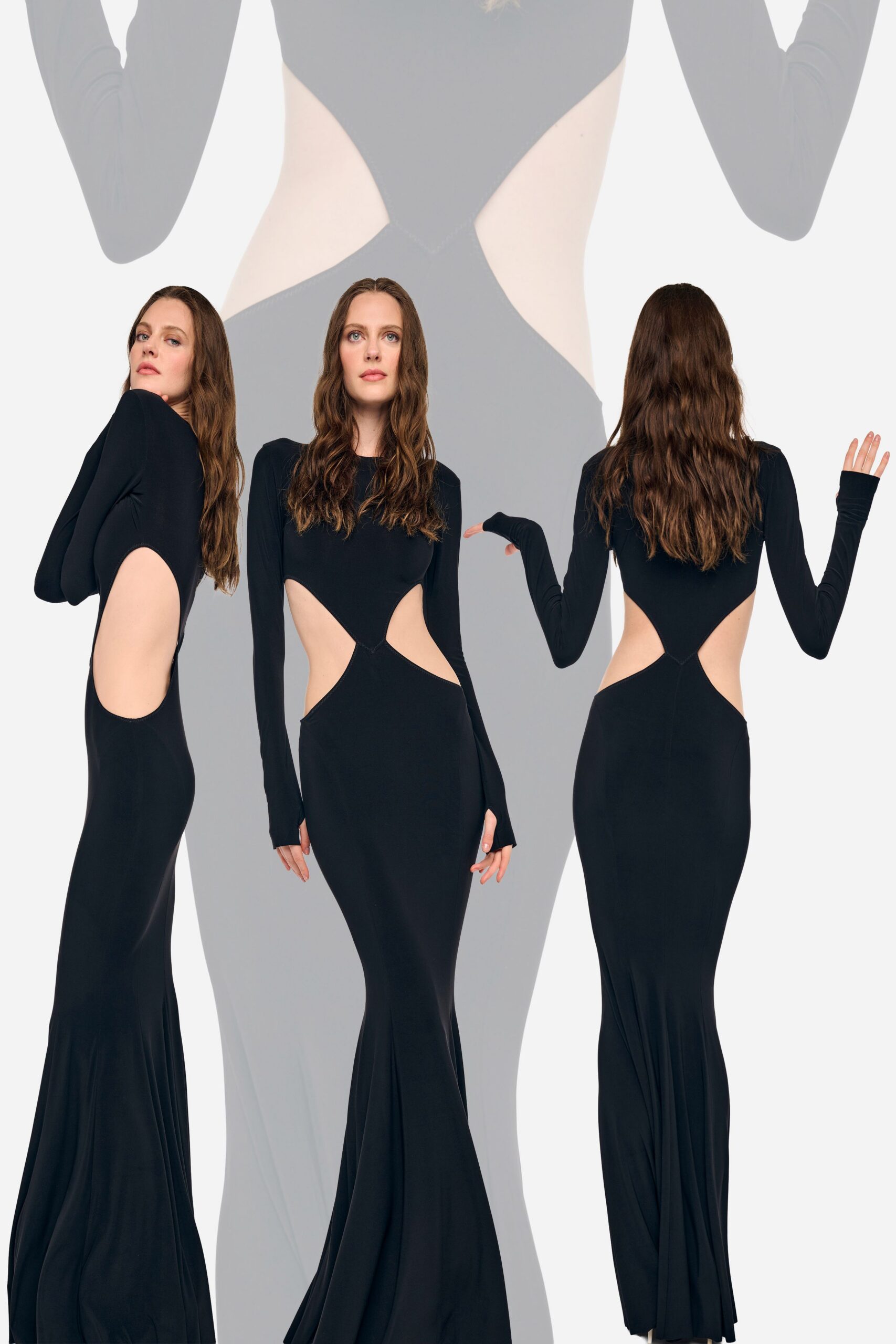Black jersey column gown with diamond waist cutouts and extra-long thumbhole sleeves. For the hotel corridor after midnight, ice bucket still sweating in your hand.
