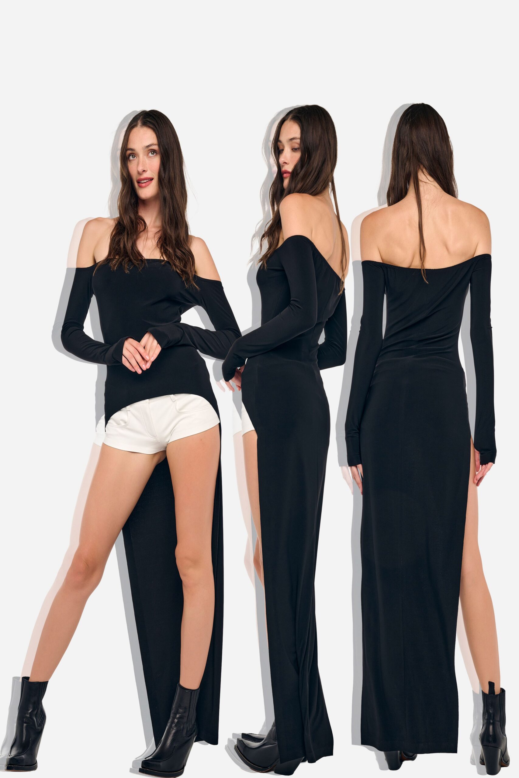 Black jersey off-the-shoulder column, front split cut almost to the hip. White micro shorts peeking beneath, curved pocket opening visible. Black ankle boots with squared toe and sharp block heel. For stepping out to the corner store in something wildly overdressed.