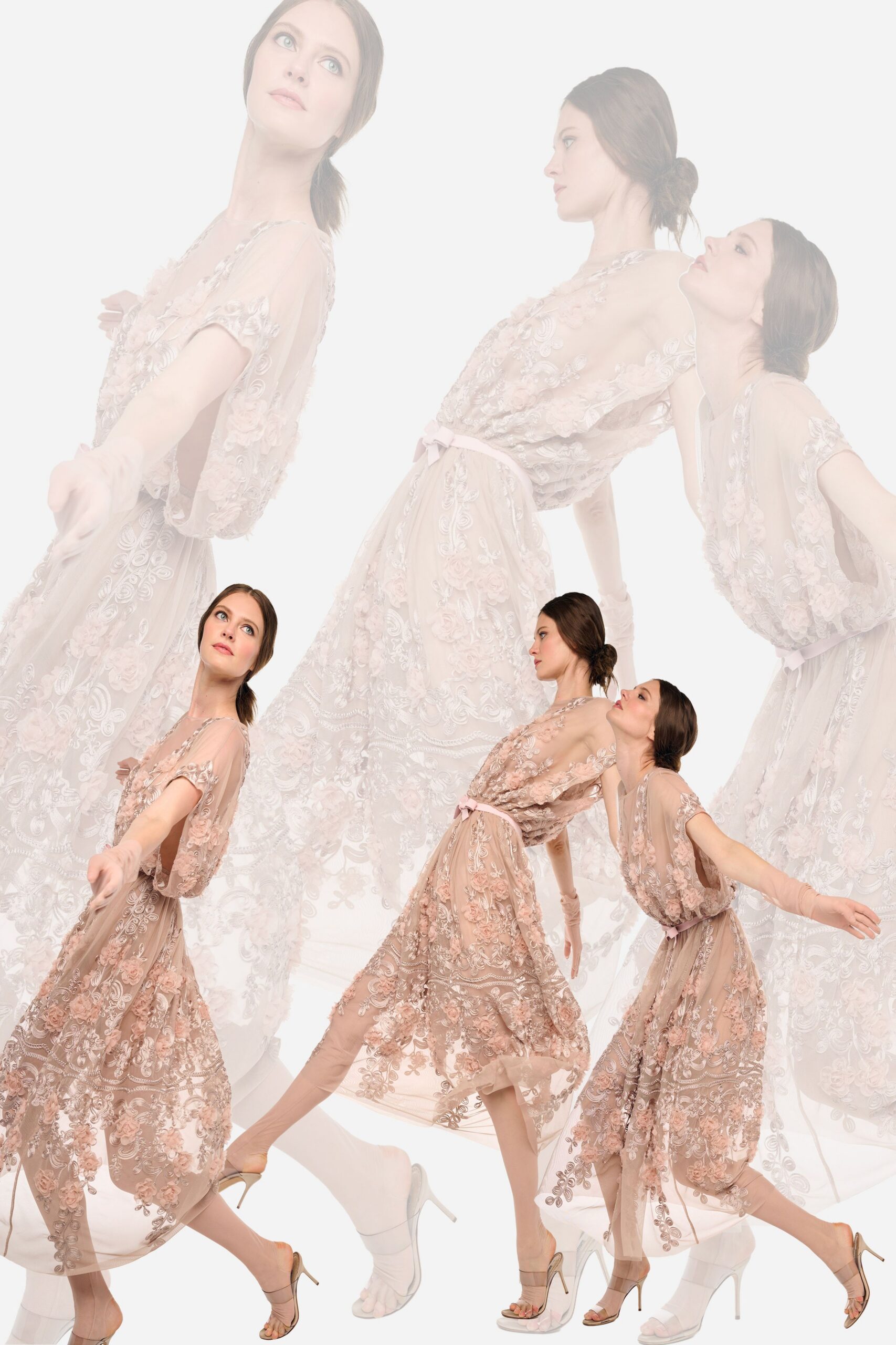 Blush illusion dress densely appliqued with corded scroll lace and raised petals. Narrow grosgrain waist bow, slightly off center. Sheer blush wrist gloves. Pale ankle-strap sandals with a slim metallic stiletto. Walking across a hotel ballroom before the florist has finished the tables.
