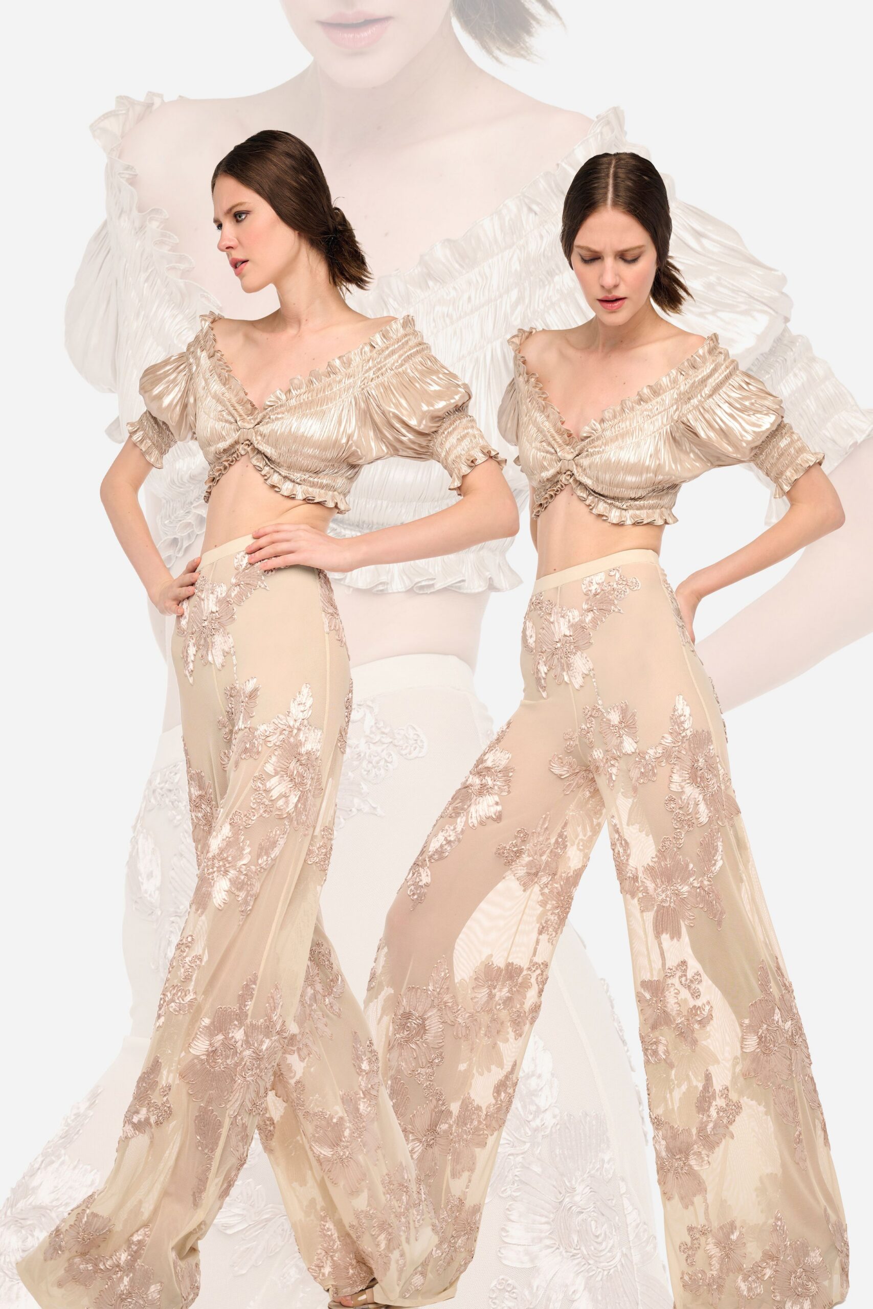 Champagne lamé crop top with ruched cups and frilled off-shoulder edge. Sheer nude mesh trousers densely appliquéd with blush corded flowers. For drifting across a hotel ballroom after the band has packed up.