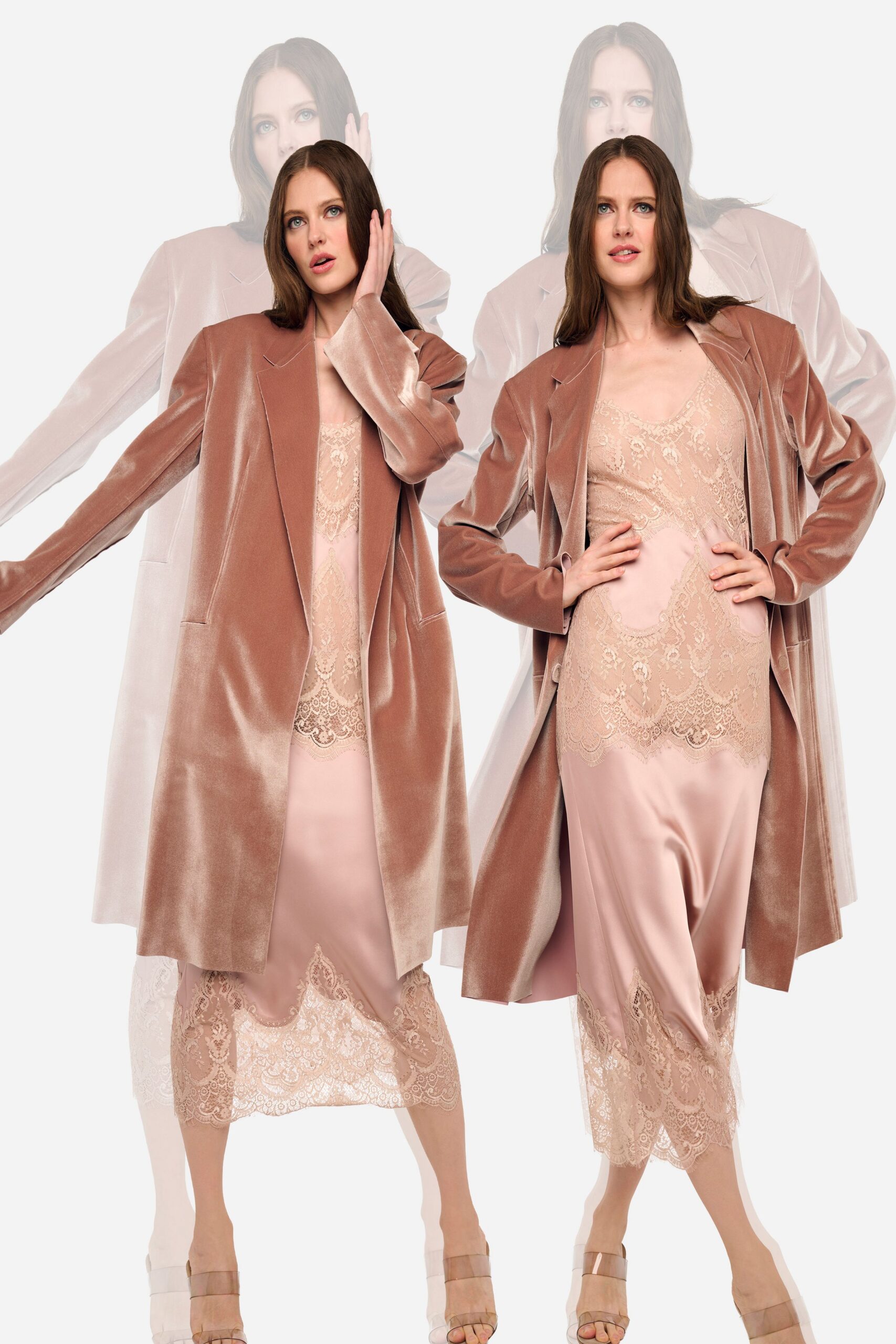 Blush velvet coat with broad notch lapels and a soft liquid sheen. Petal-pink satin slip dress, scalloped lace laid over the bust and hem. Clear-strap heeled sandals. Morning after a hotel wedding, carrying your shoes back through the lobby.