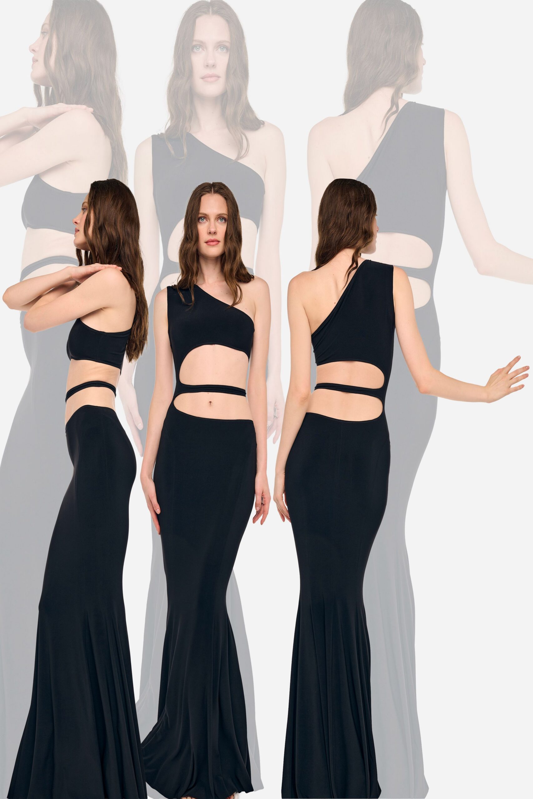 Black stretch jersey gown, one-shoulder bodice cut away at ribs and waist. Narrow band circling the midriff, slightly dropped above the hip. Column skirt loosening into a soft flare near the floor. For crossing a hotel lobby after midnight with wet hair drying down your back.