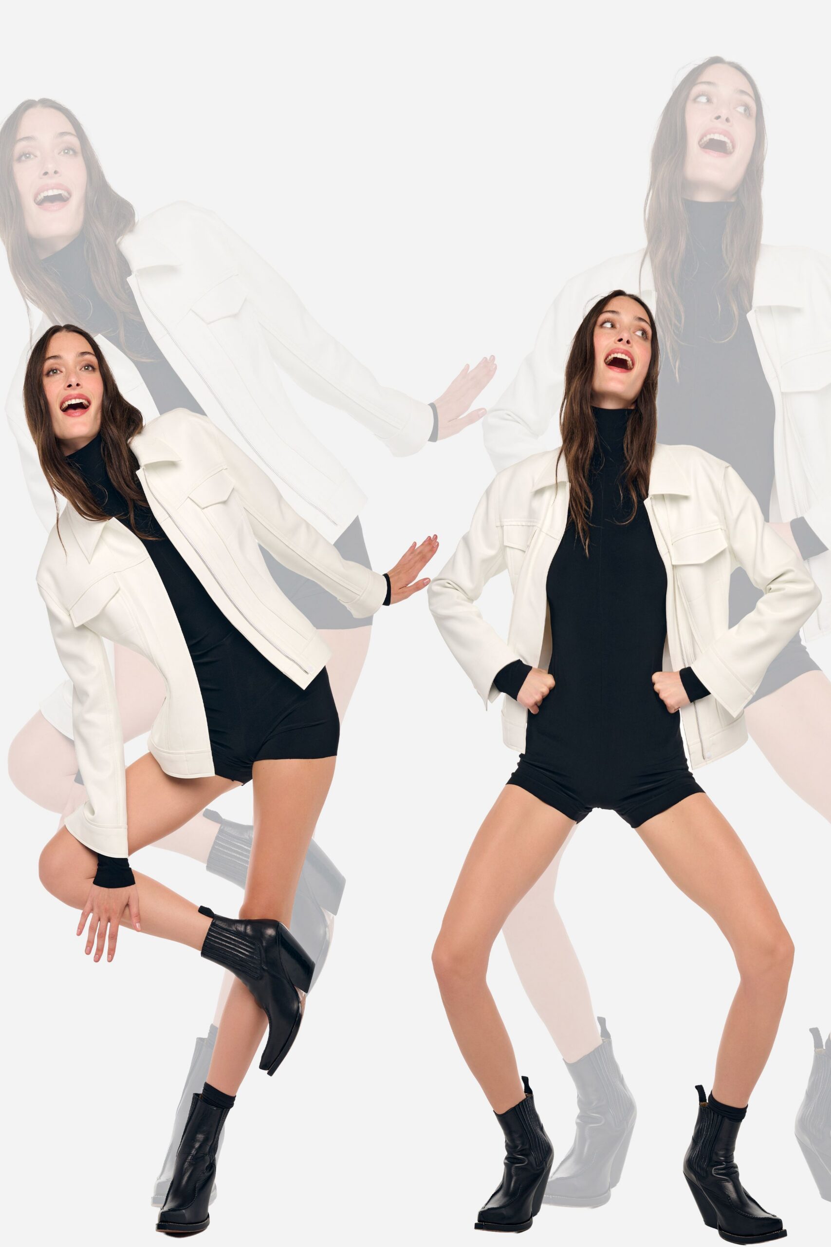 Cream leather jacket with oversized flap pockets and a straight zip. Black high-neck short playsuit in clingy stretch jersey. Black leather ankle boots with ribbed sock panels and block heels. Walking into a white photo studio before anyone has turned the music down.
