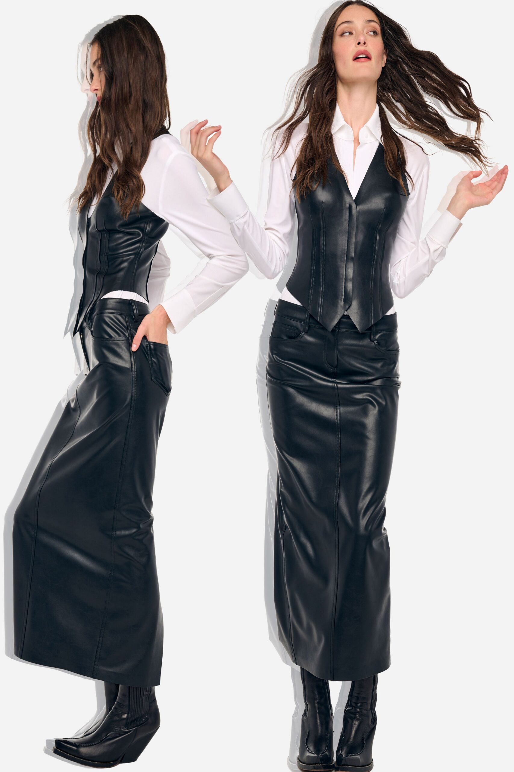 White shirt in crisp poplin, long cuffs peeking past the vest. Black leather vest, sharply pointed hem and vertical contour seaming. Black leather column skirt with topstitched seams and slash pockets. Black square-toe boots with a low wedge heel. Walking into a courthouse lobby with coffee cooling in your hand.