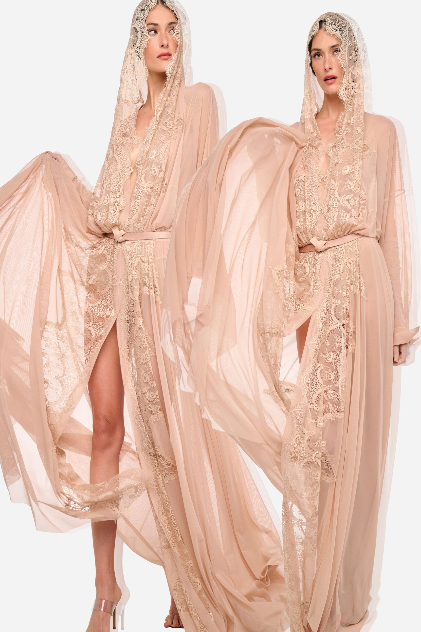 hooded lace tulle evening gown
