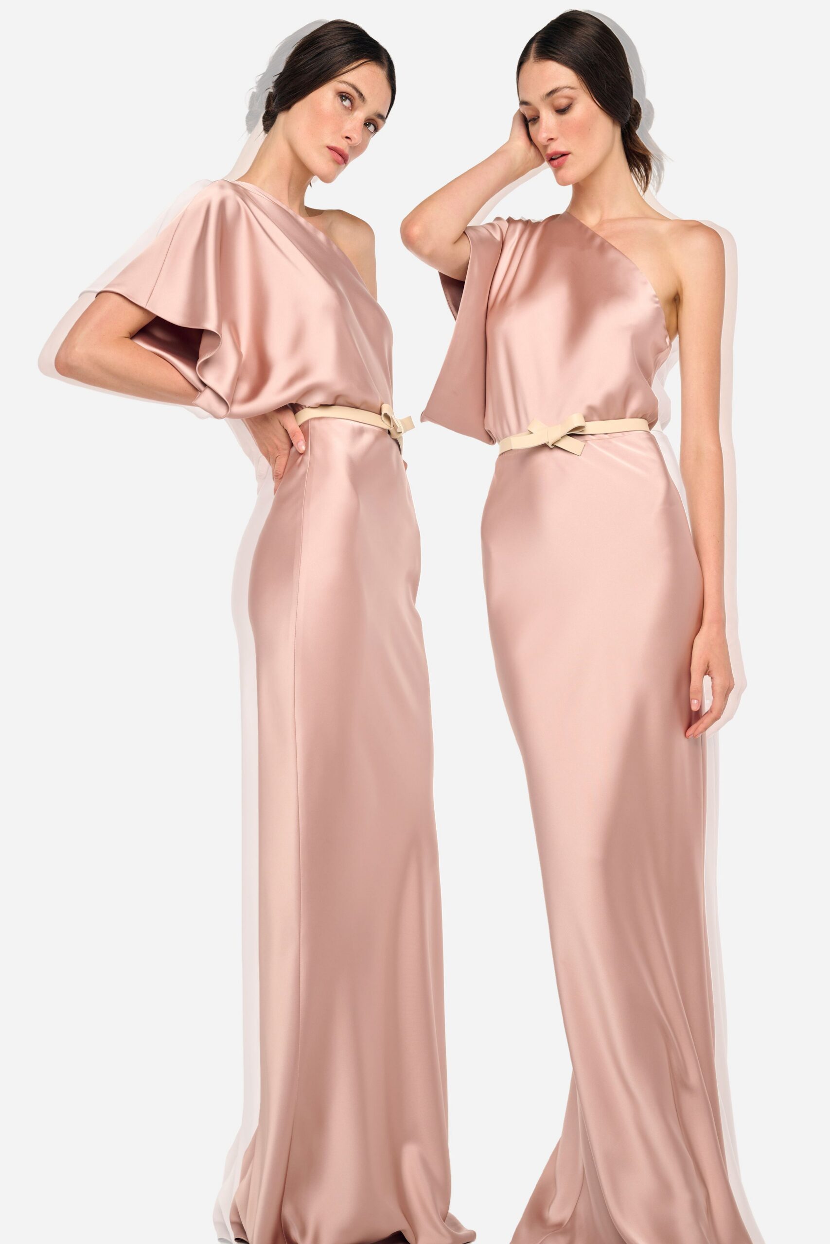 blush one-shoulder satin evening gown