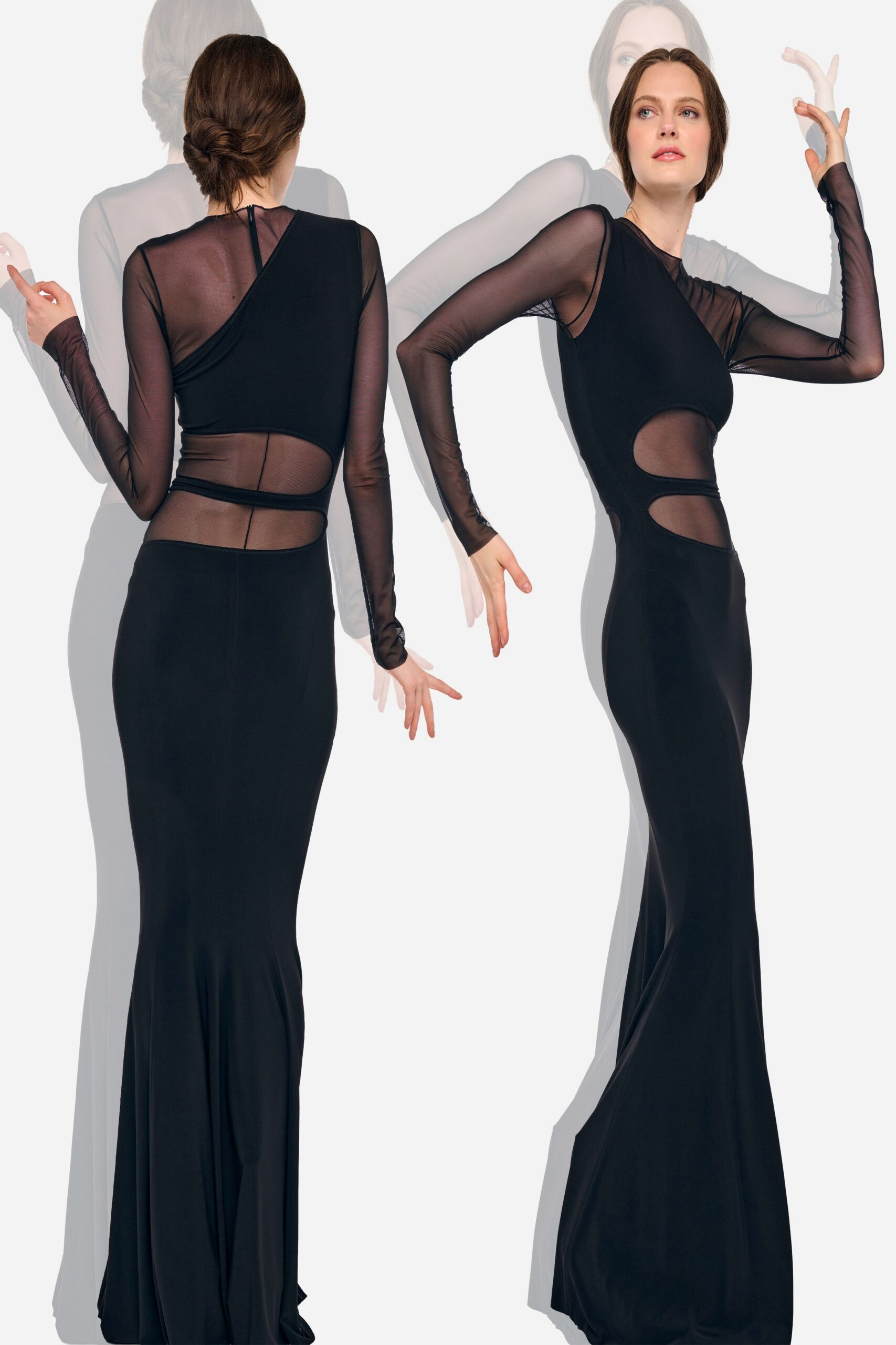 black one-shoulder cutout evening gown