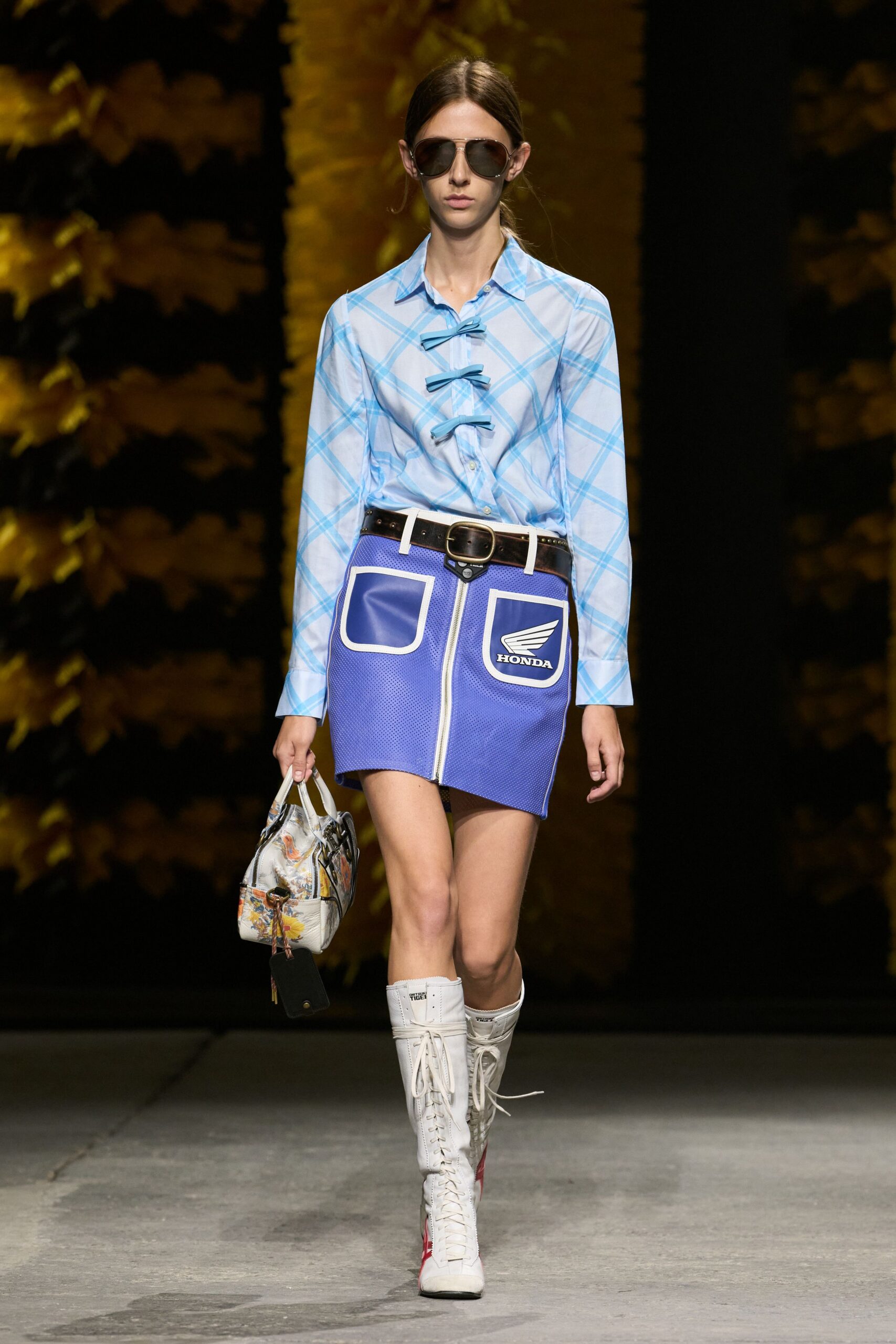 blue checked bow-front shirt