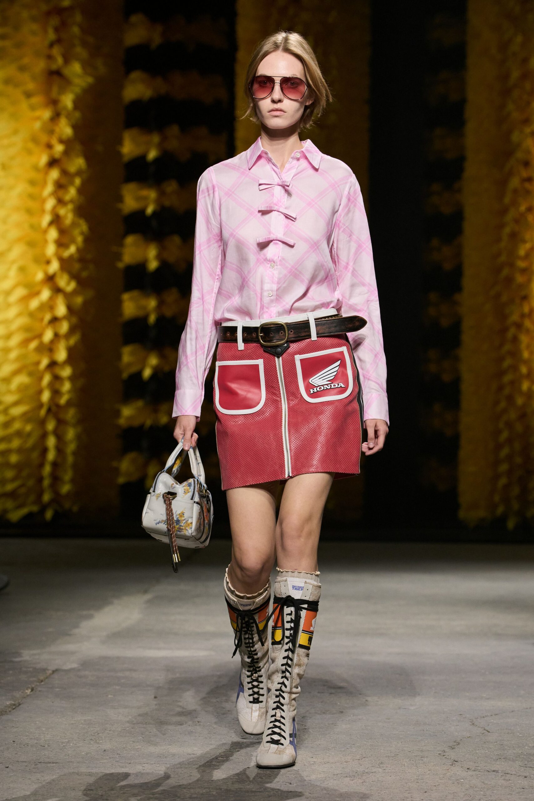pink checked bow-front shirt
