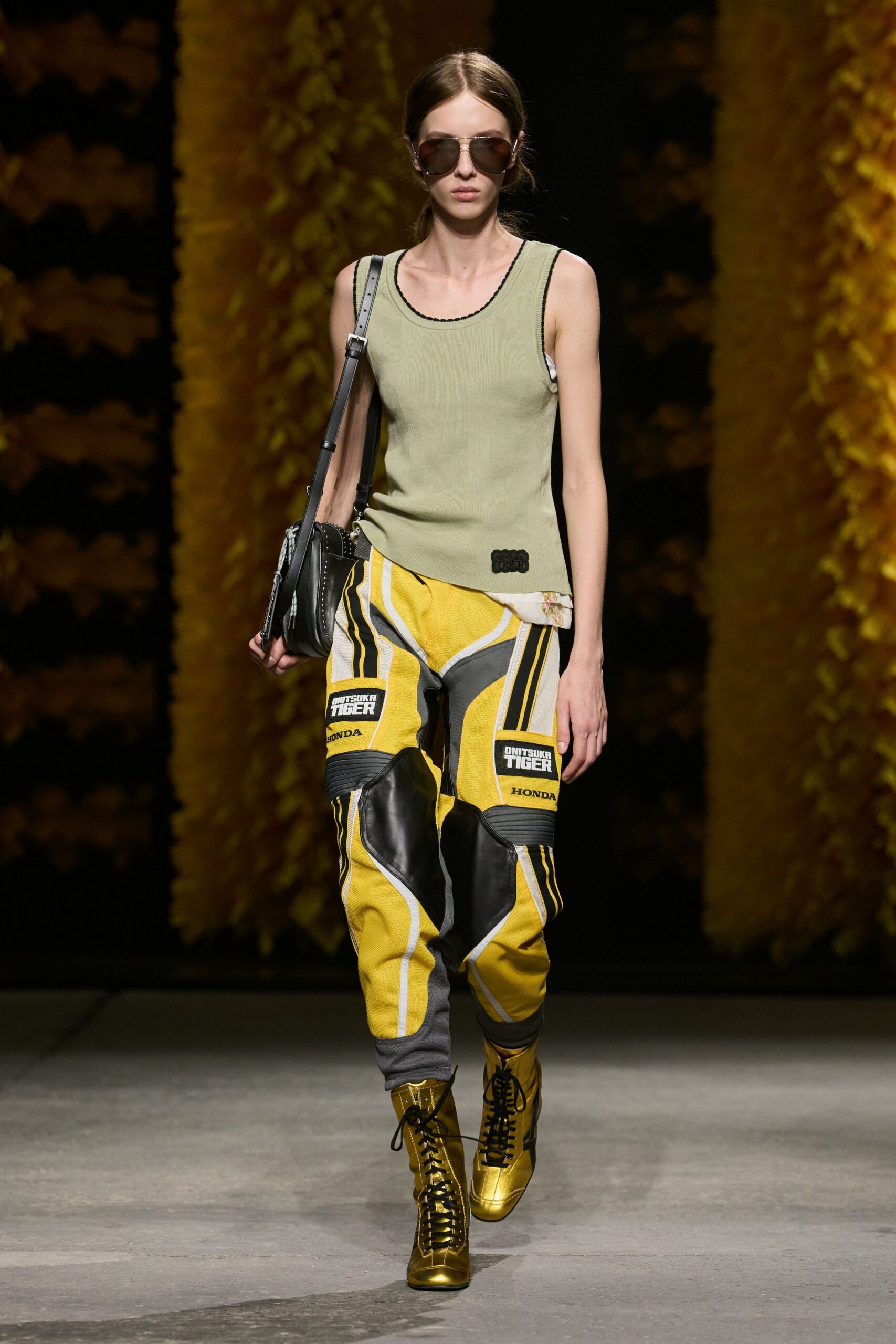 yellow motocross-style patchwork pants