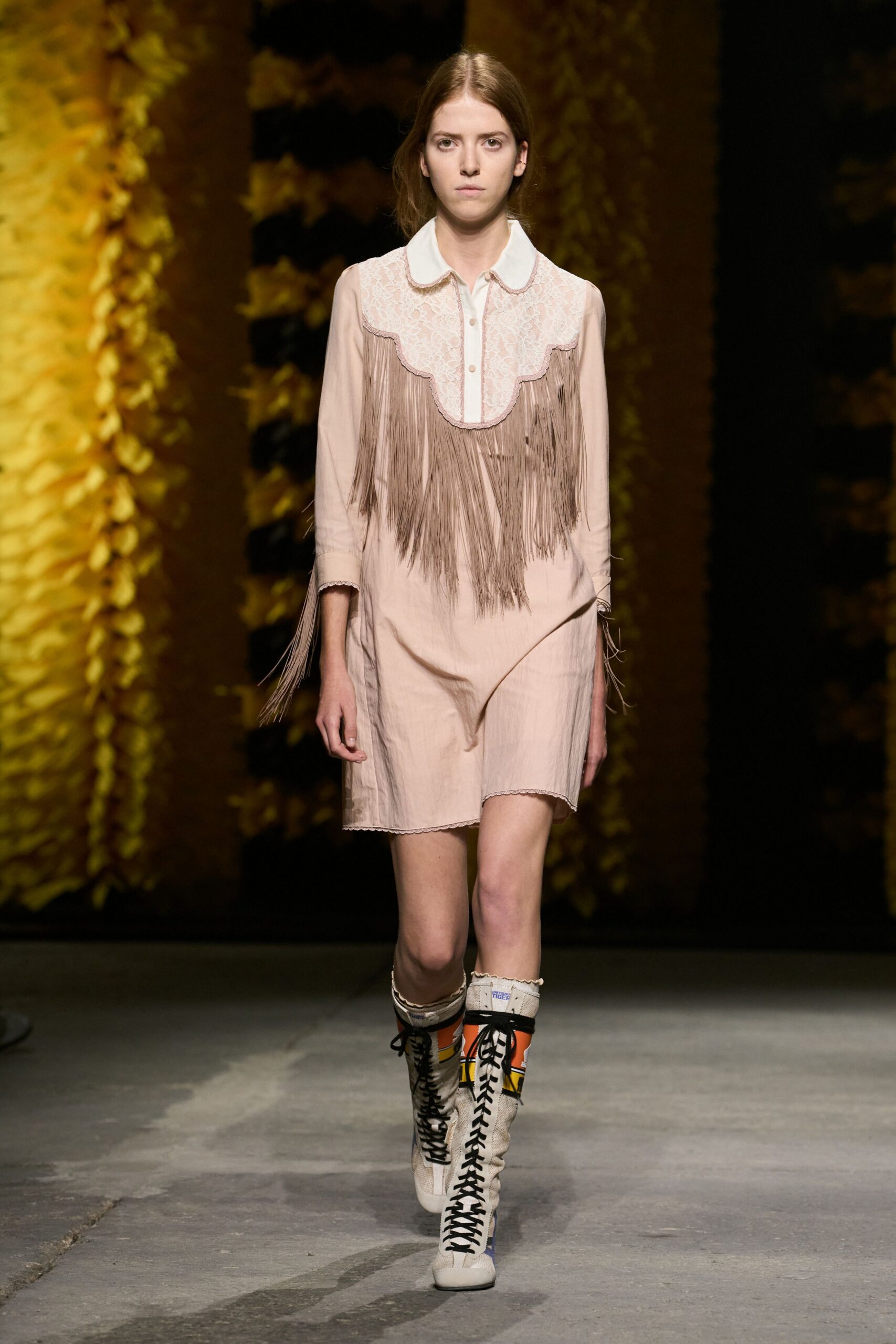 fringed western lace yoke mini dress