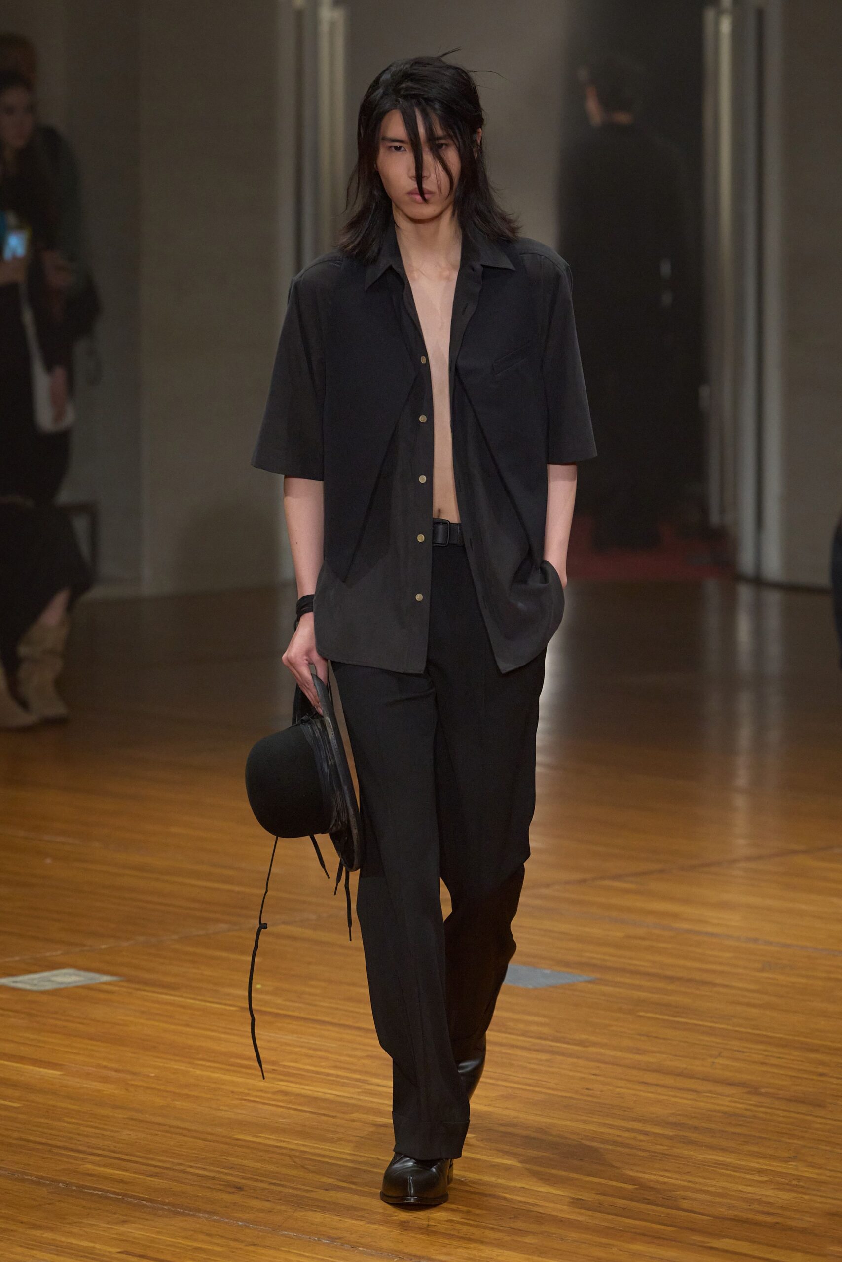 black short-sleeve button-front shirt