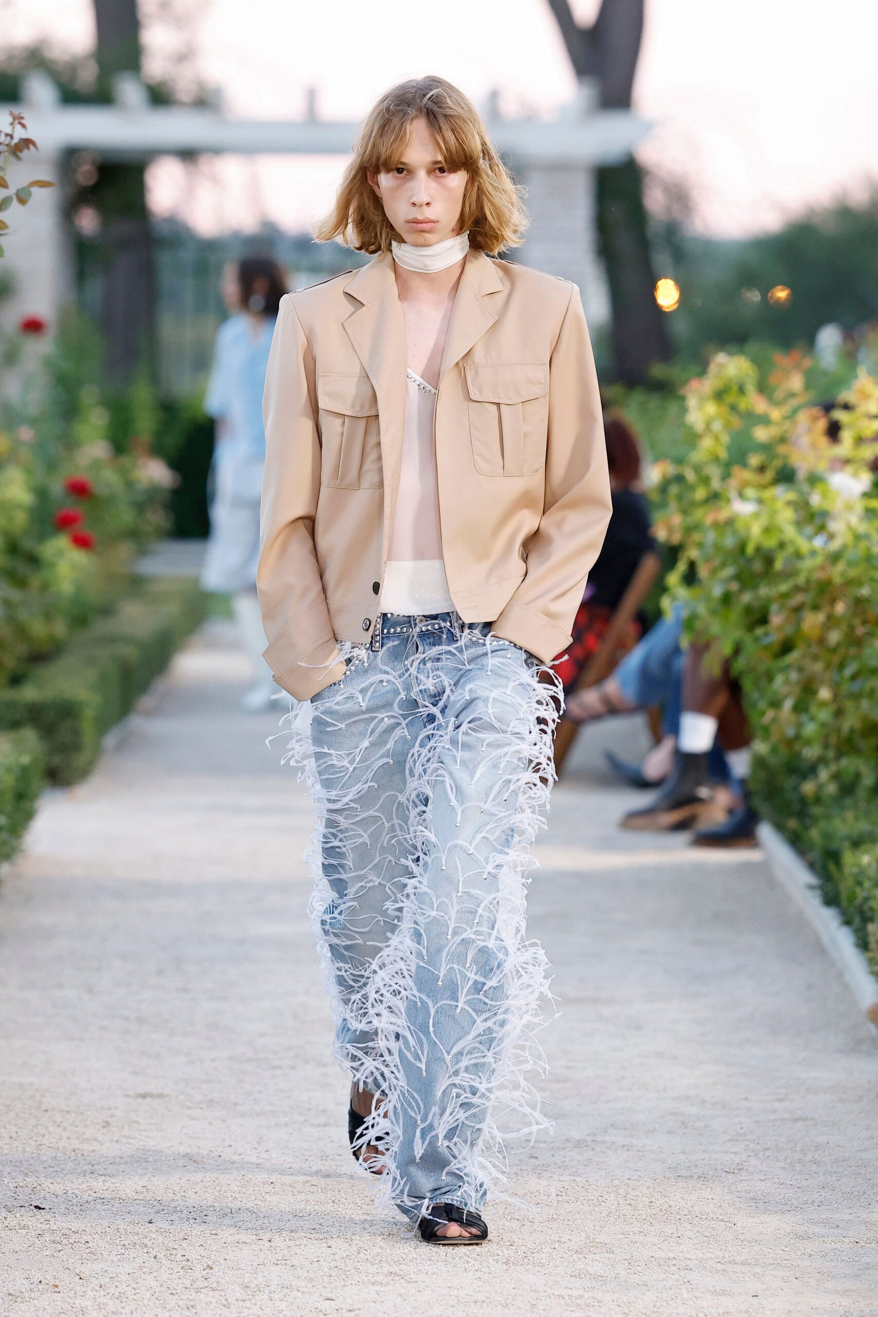 feather-trim blue jeans