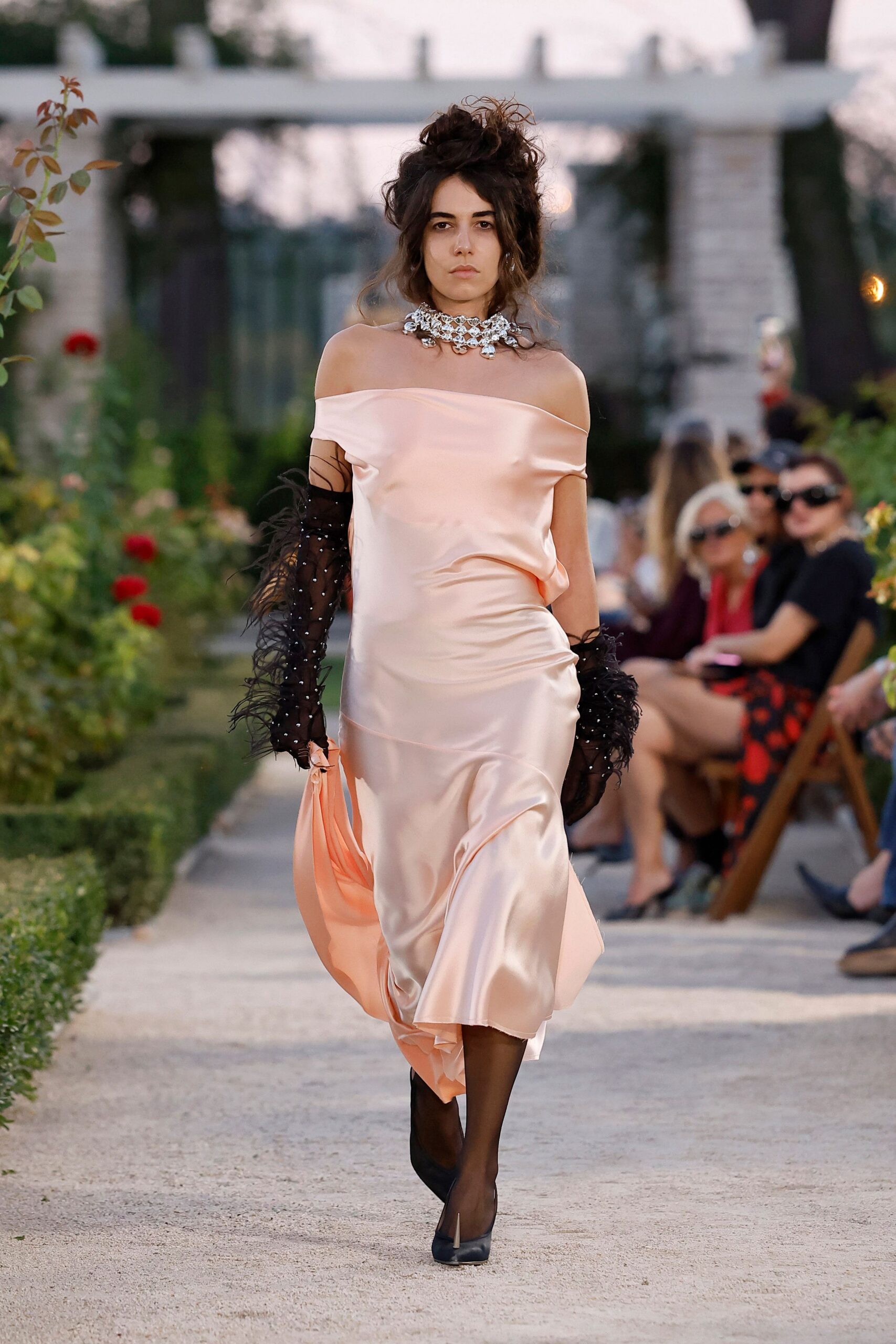 blush off-shoulder satin slip dress