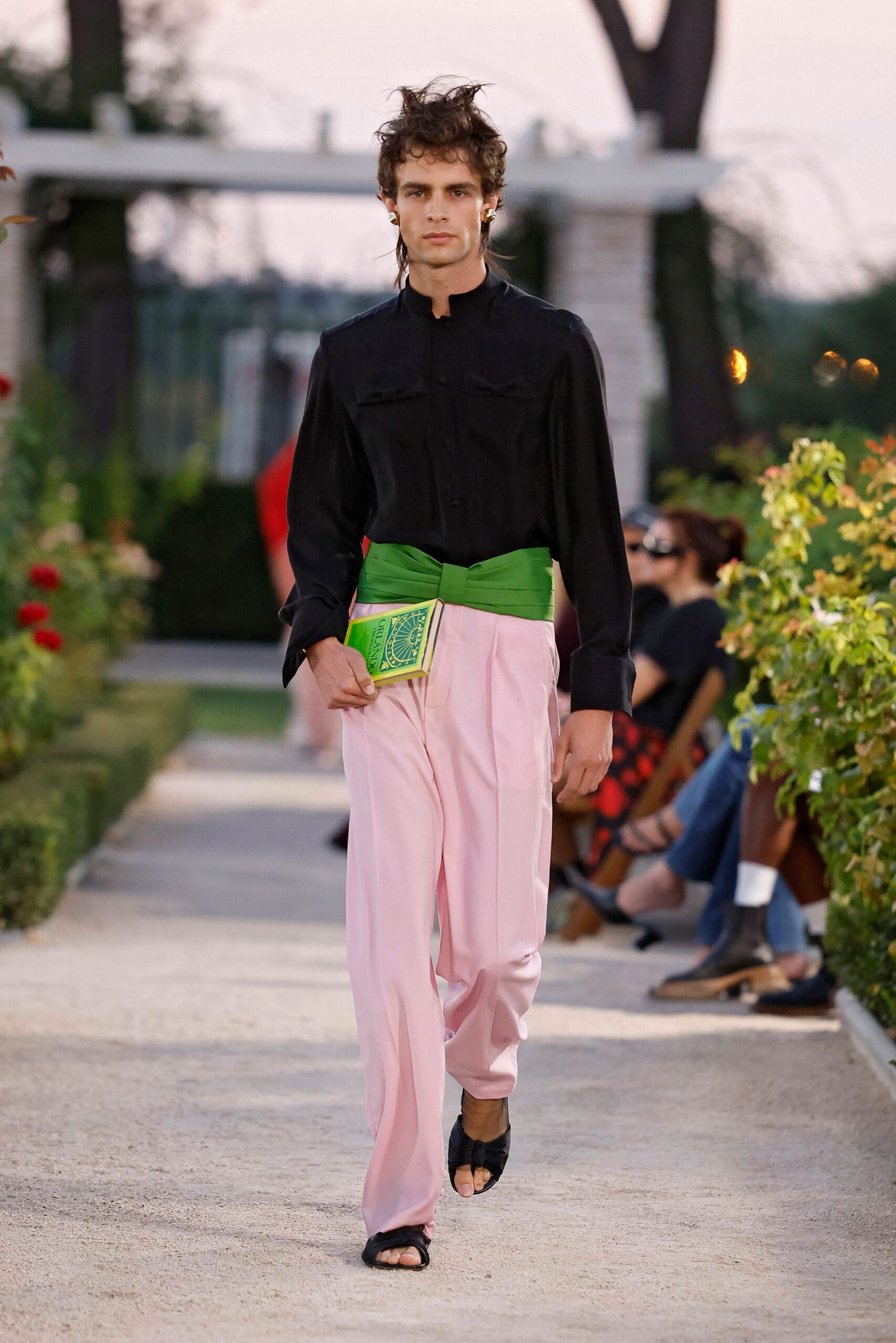 black band-collar shirt with green cummerbund