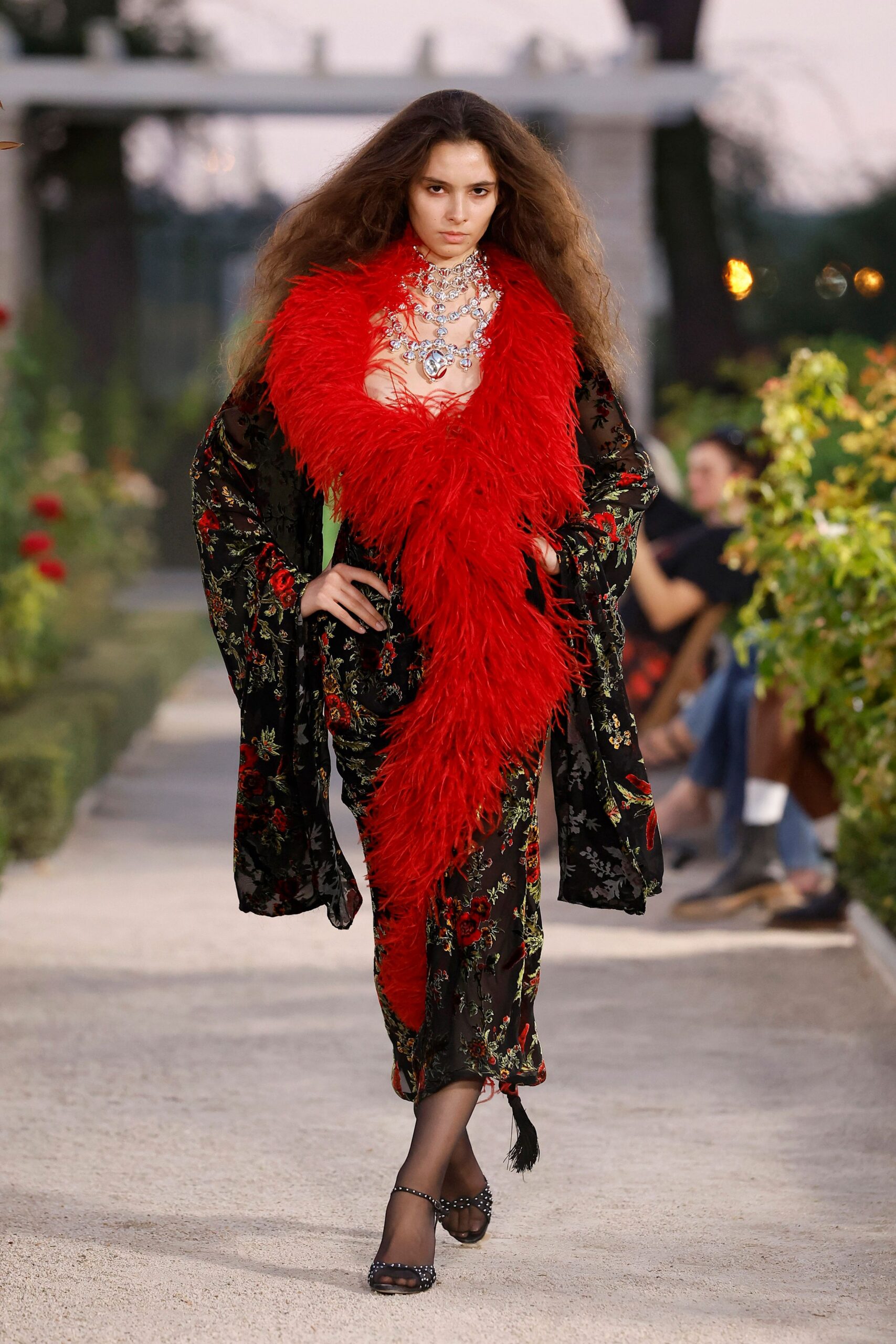 black chiffon long-sleeve low-cut floral feathered gown