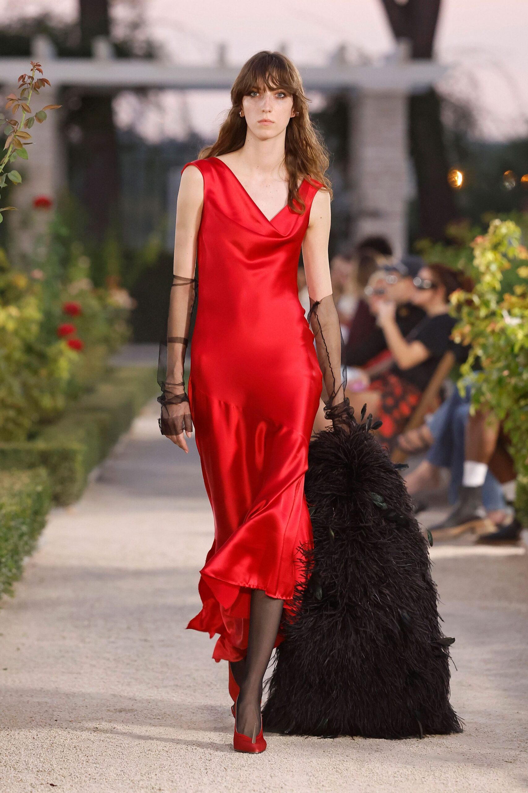 red satin cowl-neck evening gown