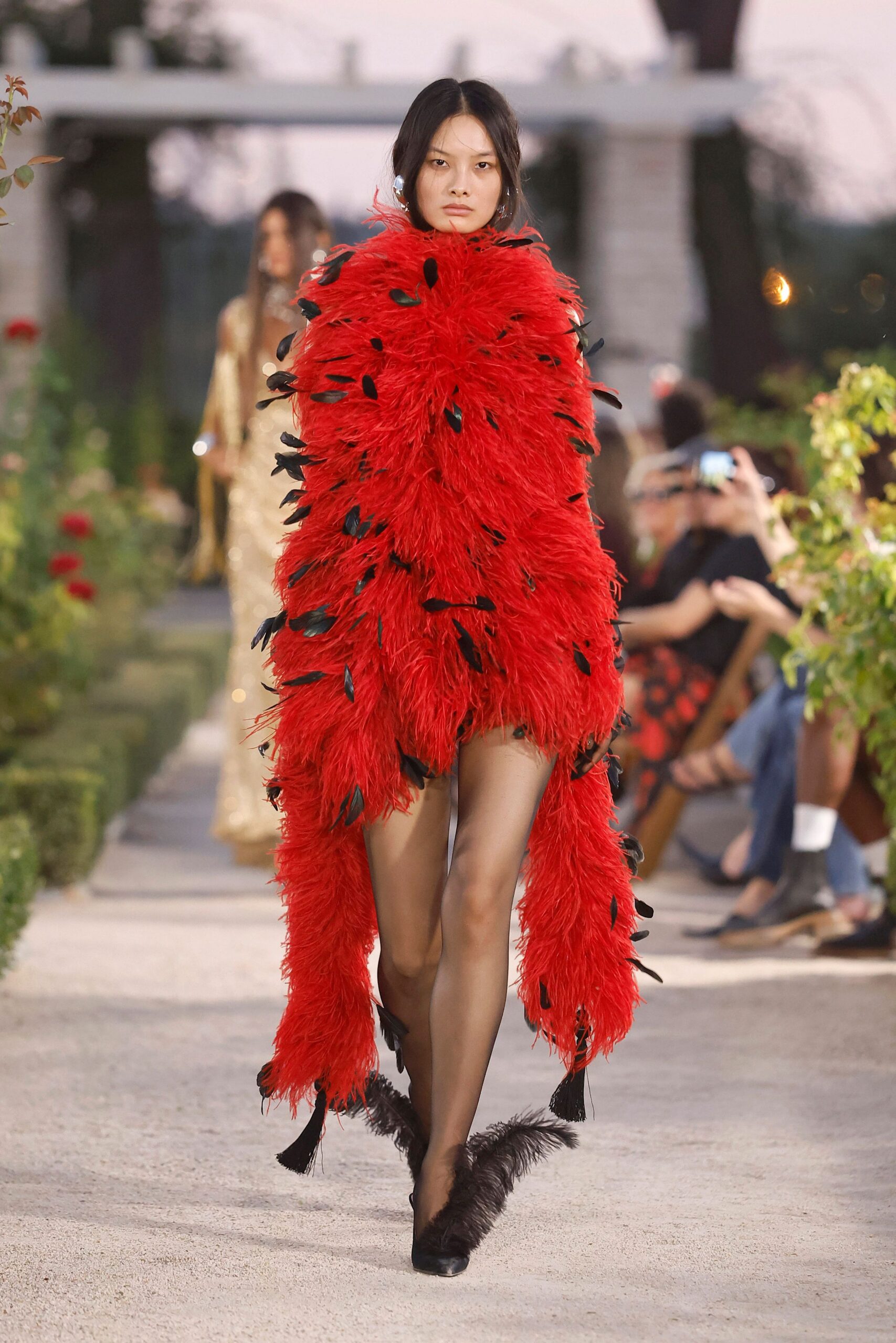 Scarlet feather cape scattered with black petal appliques, trailing in long panels. Sheer black tights. Black pumps edged with shaggy feather trim at the vamp. Large silver flower clips. Crossing a gravel courtyard after midnight, still wrapped in the party decorations.