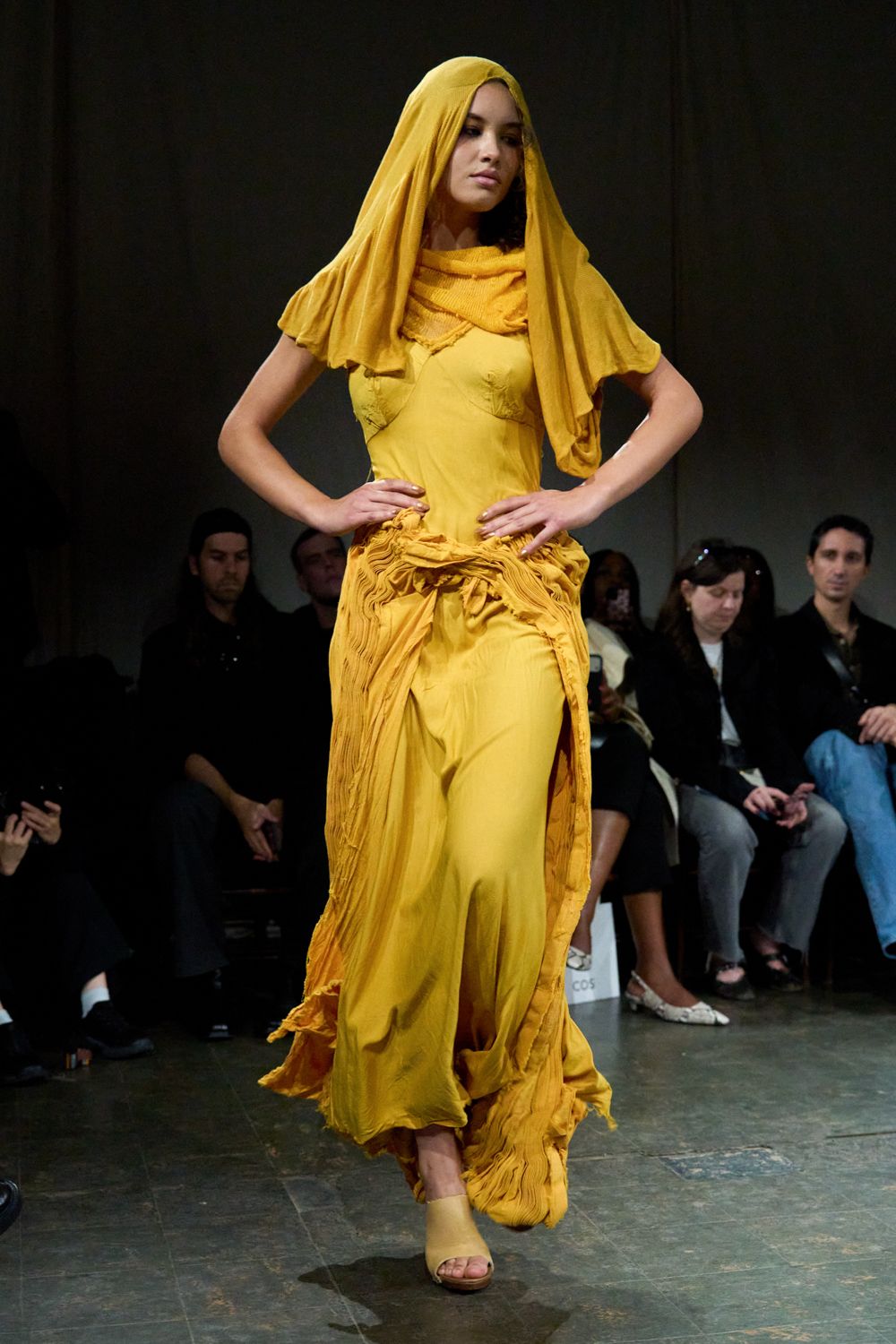 mustard draped bias-cut evening gown