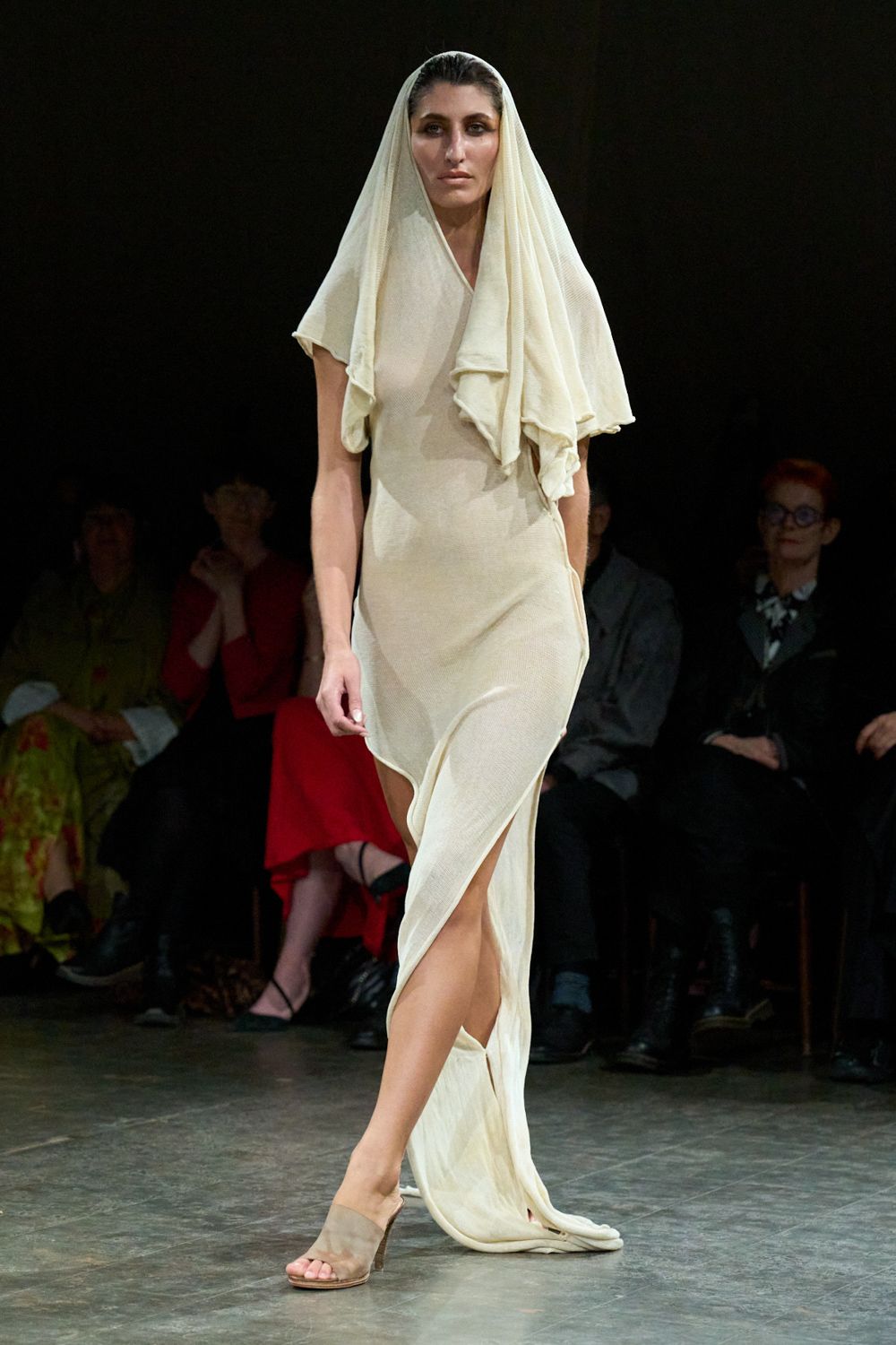 draped hooded ivory knit gown