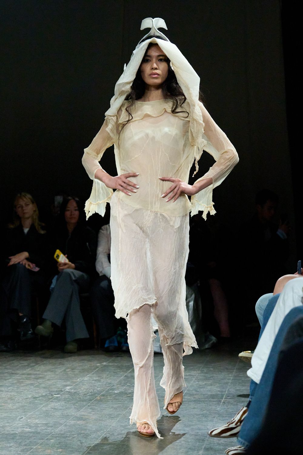 ivory chiffon long-sleeve boat-neck ruffled draped dress