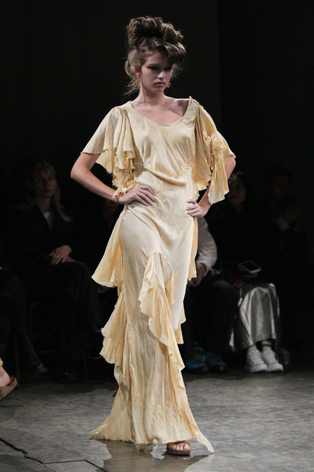 ivory ruffled bias-cut evening gown