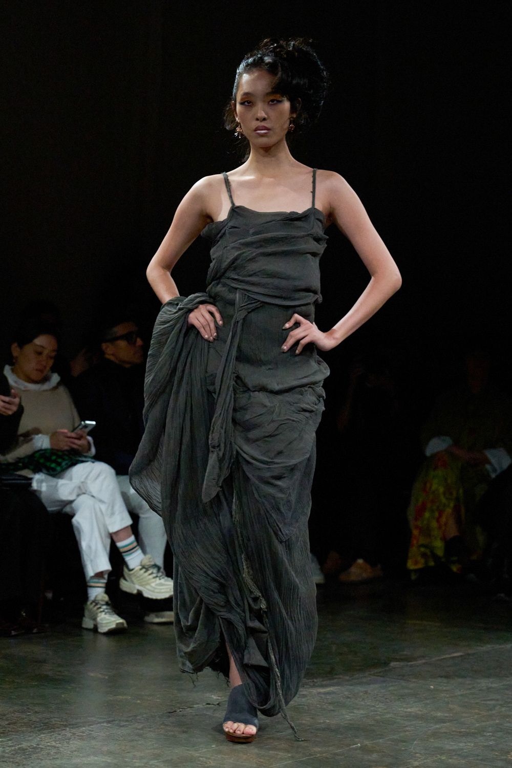 draped charcoal chiffon evening gown