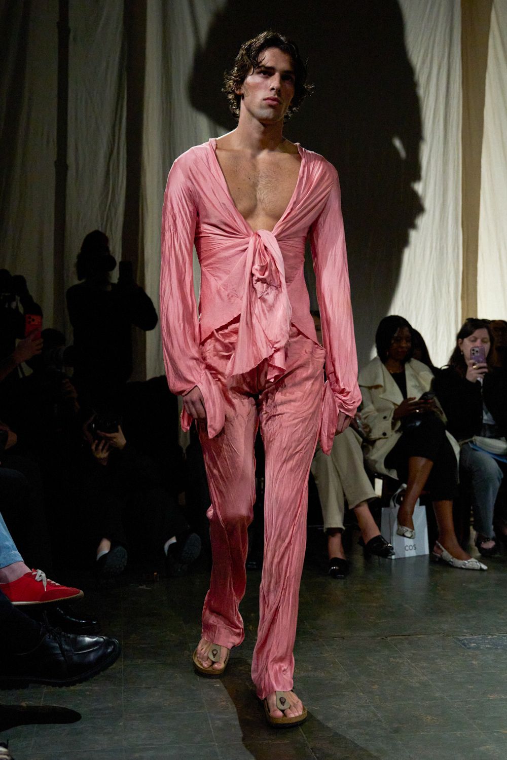 pink unknown long-sleeve low-cut fitted ruched knotted jumpsuit